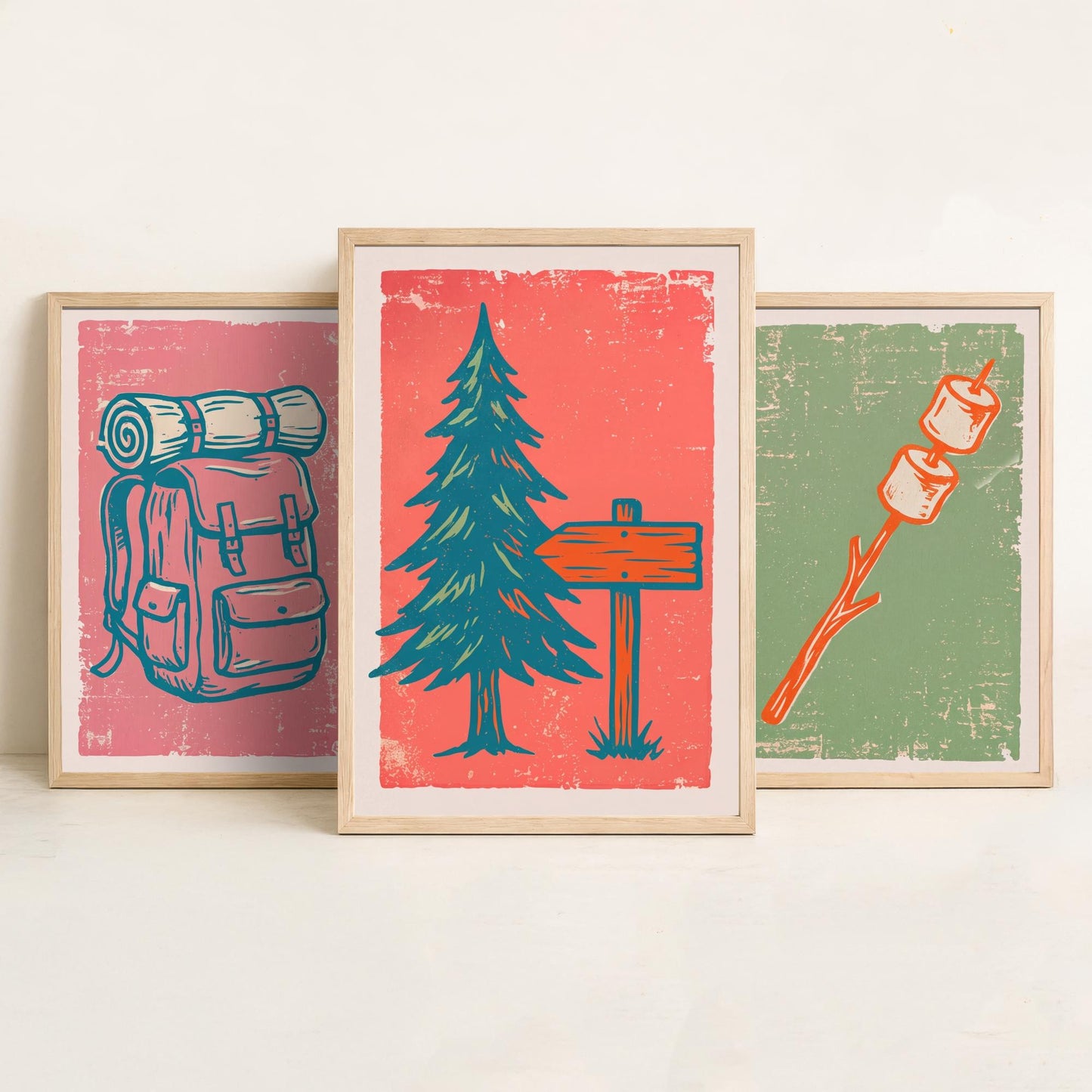 Rucksack, Toasted Marshmallows and Pine Tree - Set of Three Linocut Illustrations - Camping Art Prints - Cabin Wall Posters V2
