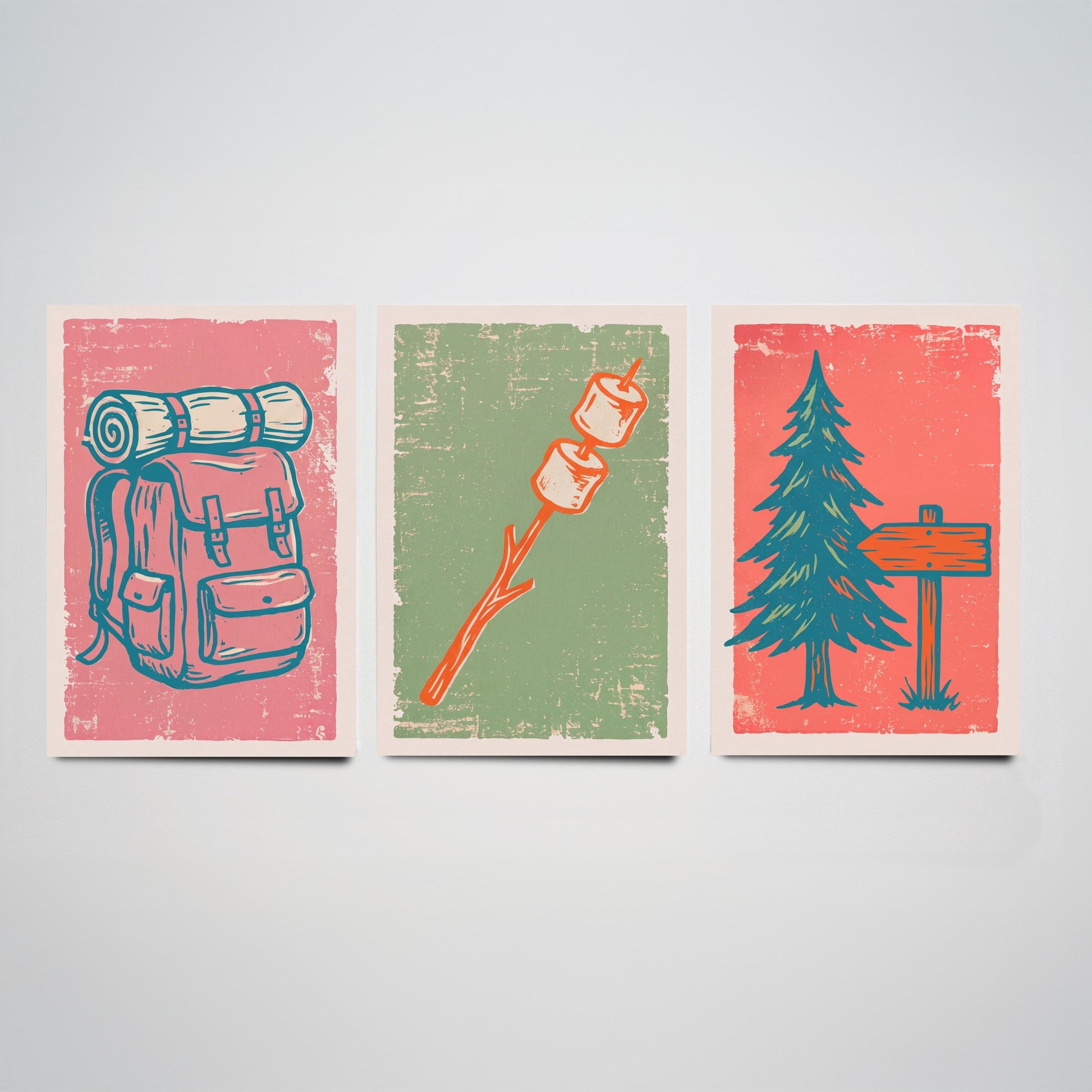 Rucksack, Toasted Marshmallows and Pine Tree - Set of Three Linocut Illustrations - Camping Art Prints - Cabin Wall Posters V2