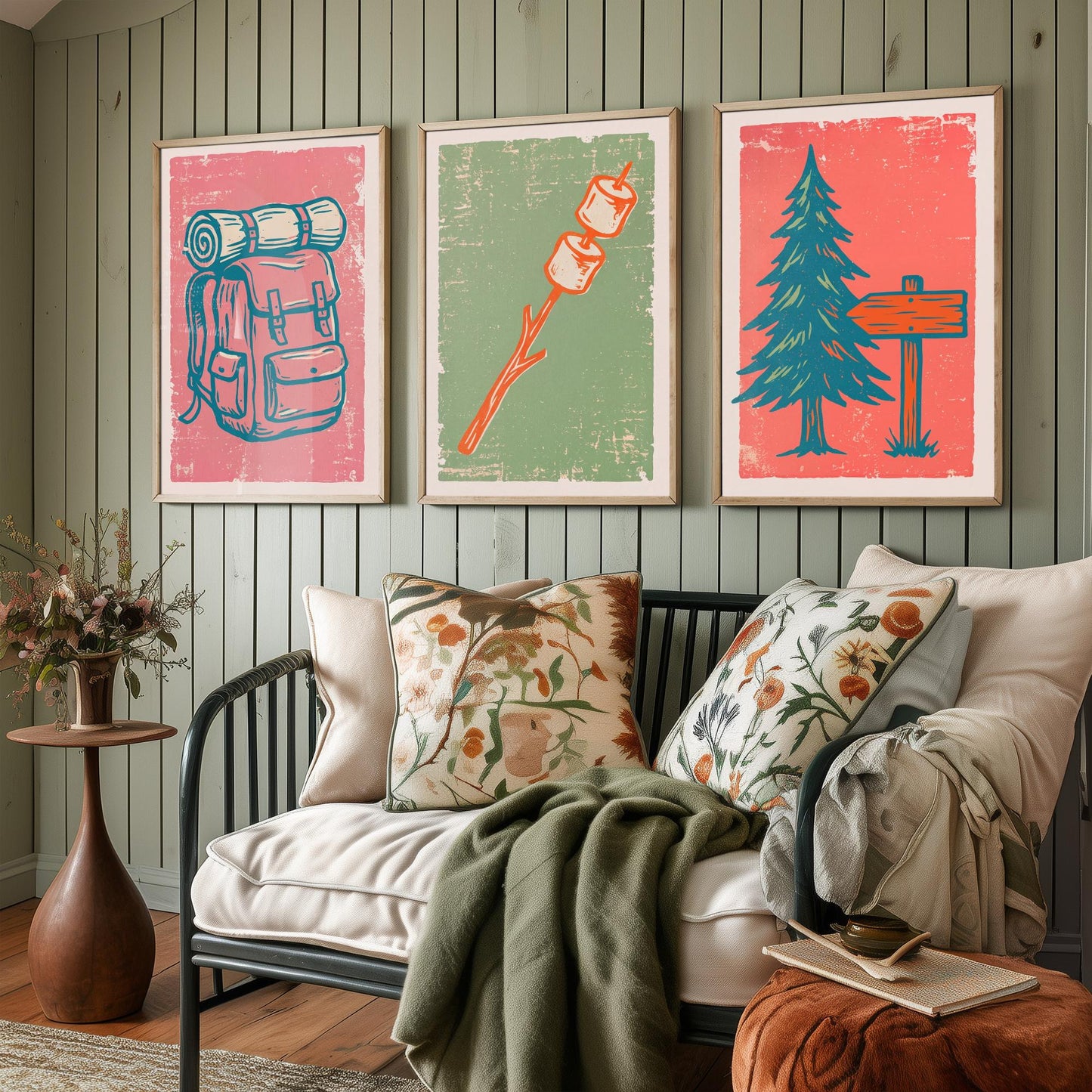 Rucksack, Toasted Marshmallows and Pine Tree - Set of Three Linocut Illustrations - Camping Art Prints - Cabin Wall Posters V2