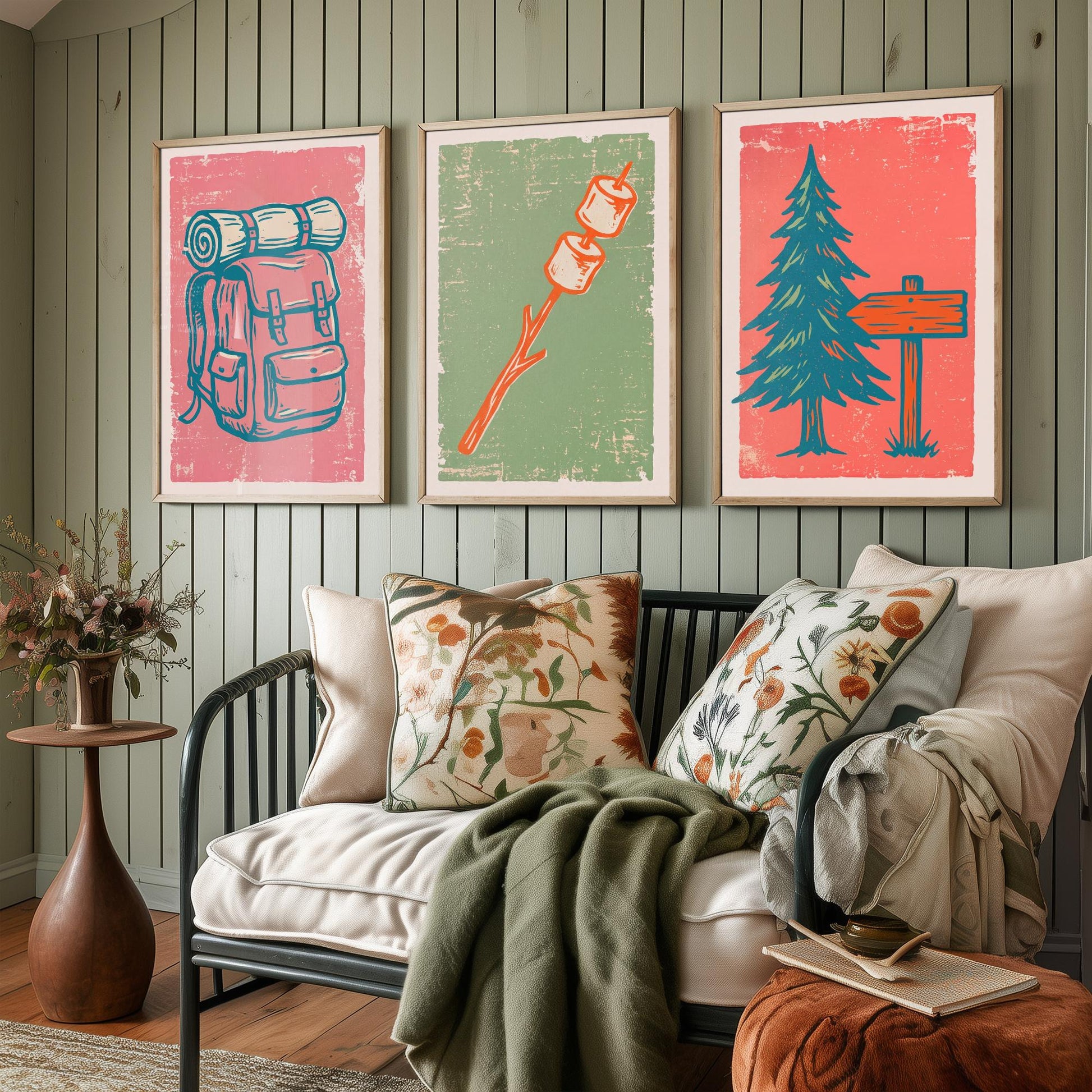 Rucksack, Toasted Marshmallows and Pine Tree - Set of Three Linocut Illustrations - Camping Art Prints - Cabin Wall Posters V2