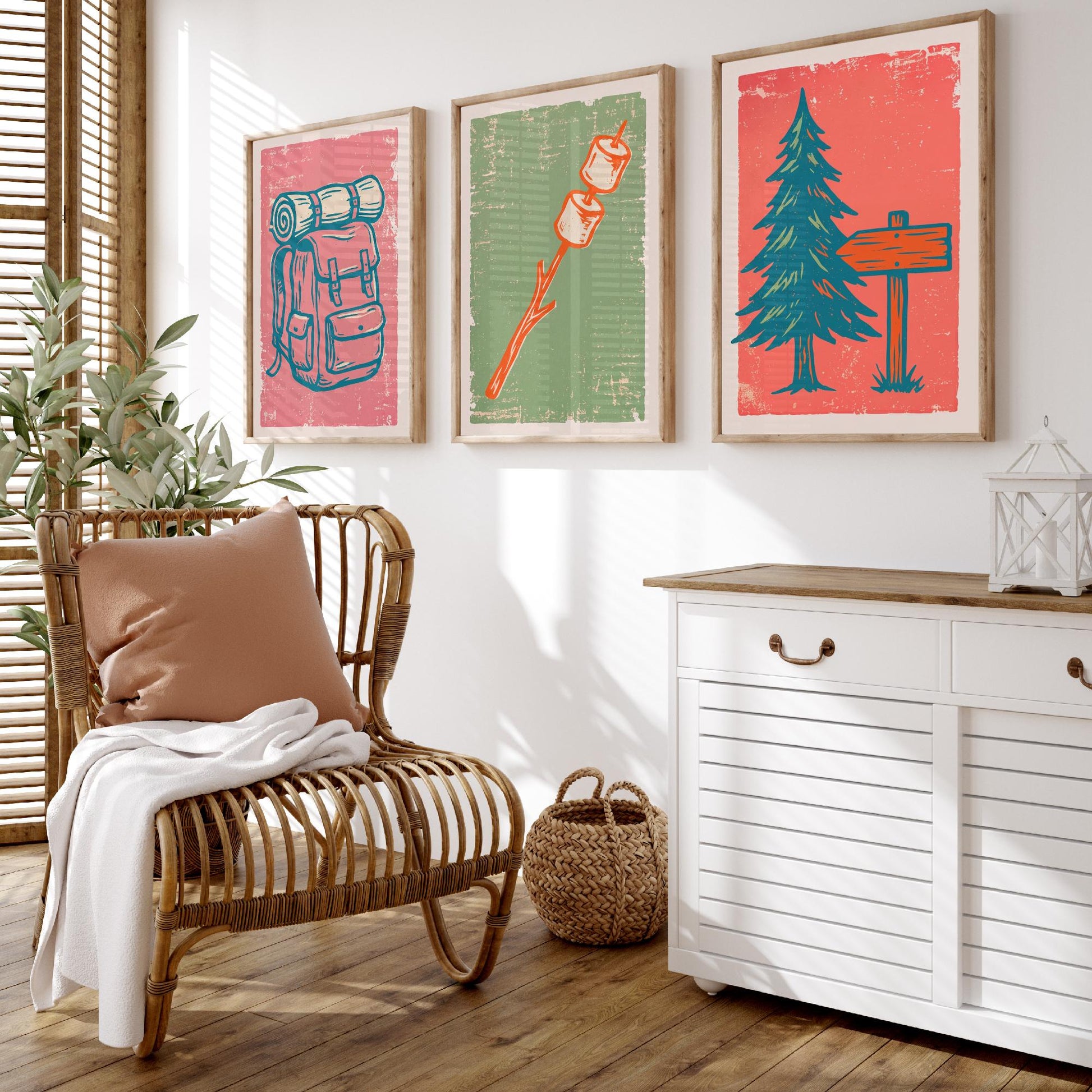 Rucksack, Toasted Marshmallows and Pine Tree - Set of Three Linocut Illustrations - Camping Art Prints - Cabin Wall Posters V2