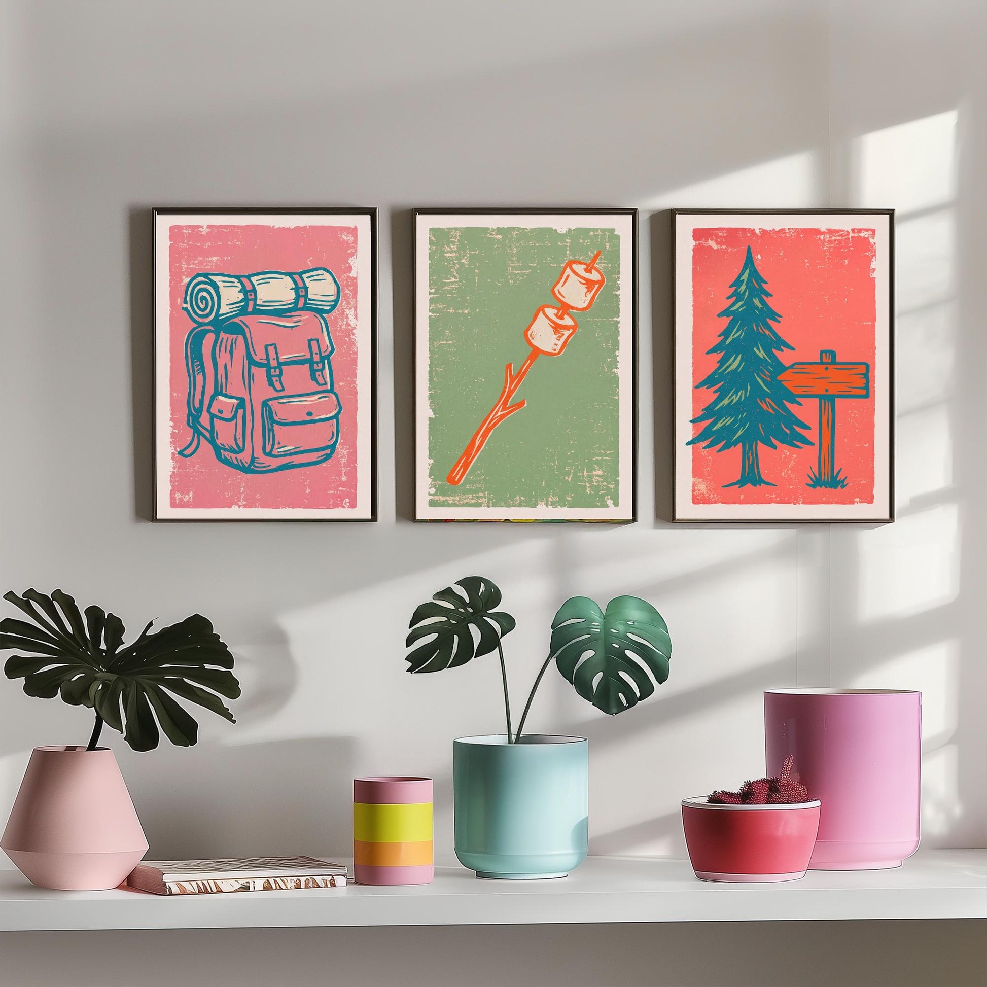 Rucksack, Toasted Marshmallows and Pine Tree - Set of Three Linocut Illustrations - Camping Art Prints - Cabin Wall Posters V2