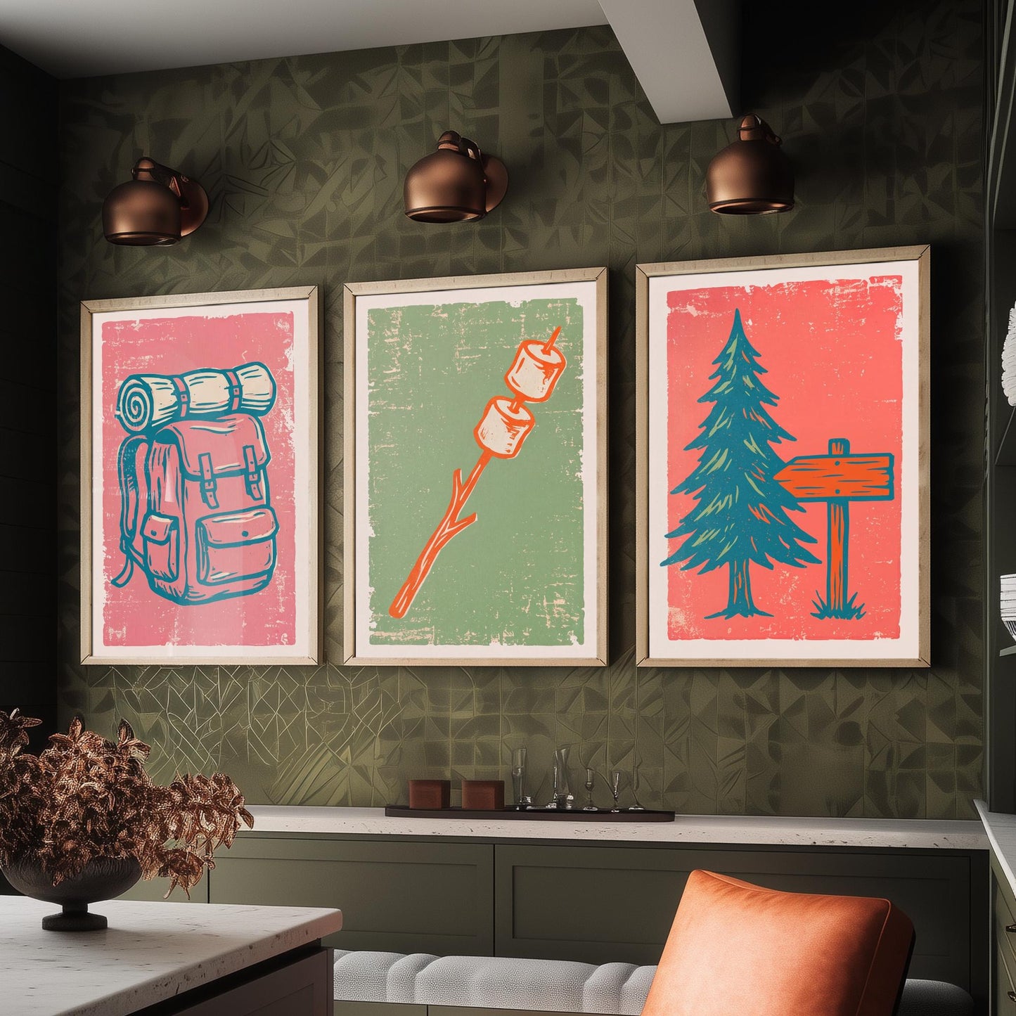 Rucksack, Toasted Marshmallows and Pine Tree - Set of Three Linocut Illustrations - Camping Art Prints - Cabin Wall Posters V2