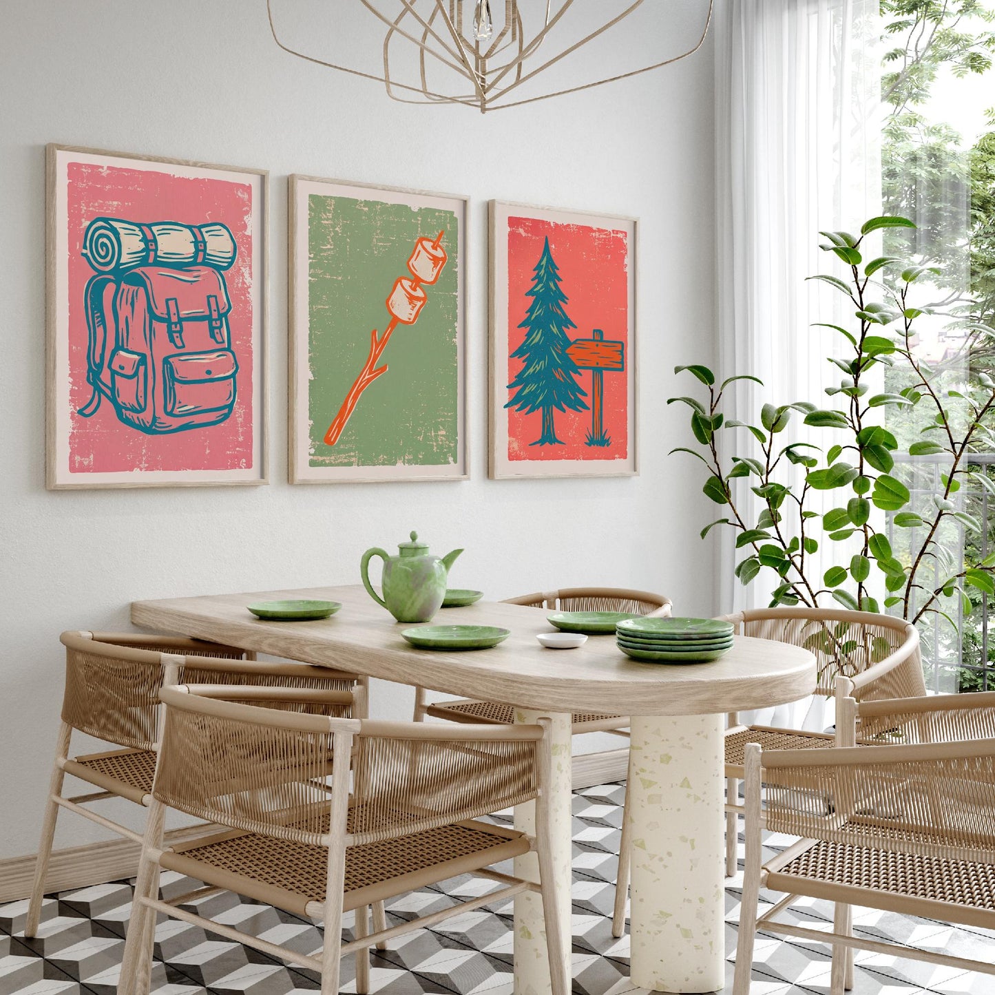 Rucksack, Toasted Marshmallows and Pine Tree - Set of Three Linocut Illustrations - Camping Art Prints - Cabin Wall Posters V2