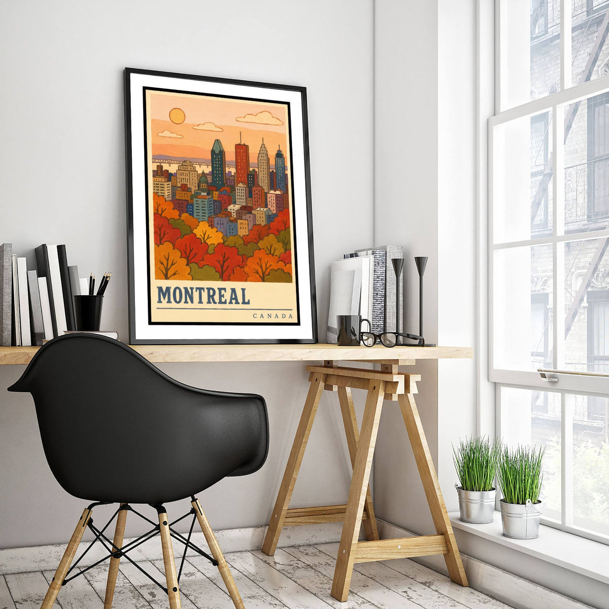 Montreal Autumn Travel Poster - Canada Fall Skyline Art Print - Retro Flat Colour City Illustration 1/3
