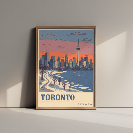 Toronto Winter Travel Poster - CN Tower Snow Scene Art Print - Retro Flat Colour Canada Illustration 2/3