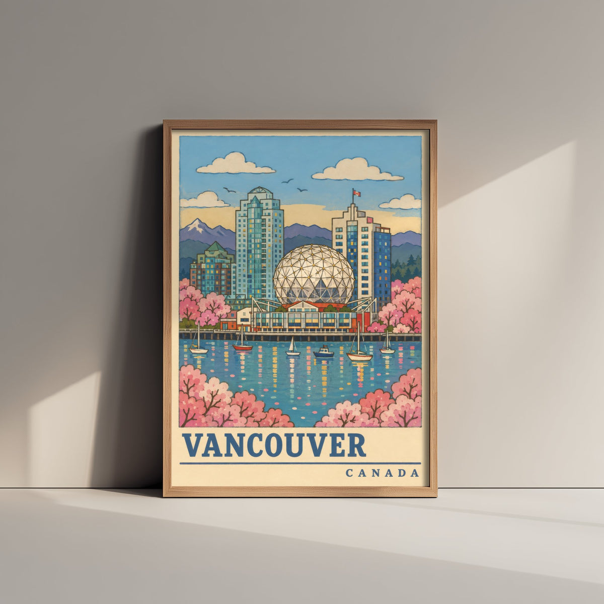Vancouver Spring Travel Poster - Cherry Blossom Harbour Art Print - Retro Flat Colour Canada Illustration 3/3