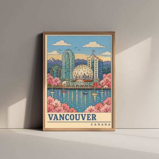 Vancouver Spring Travel Poster - Cherry Blossom Harbour Art Print - Retro Flat Colour Canada Illustration 3/3