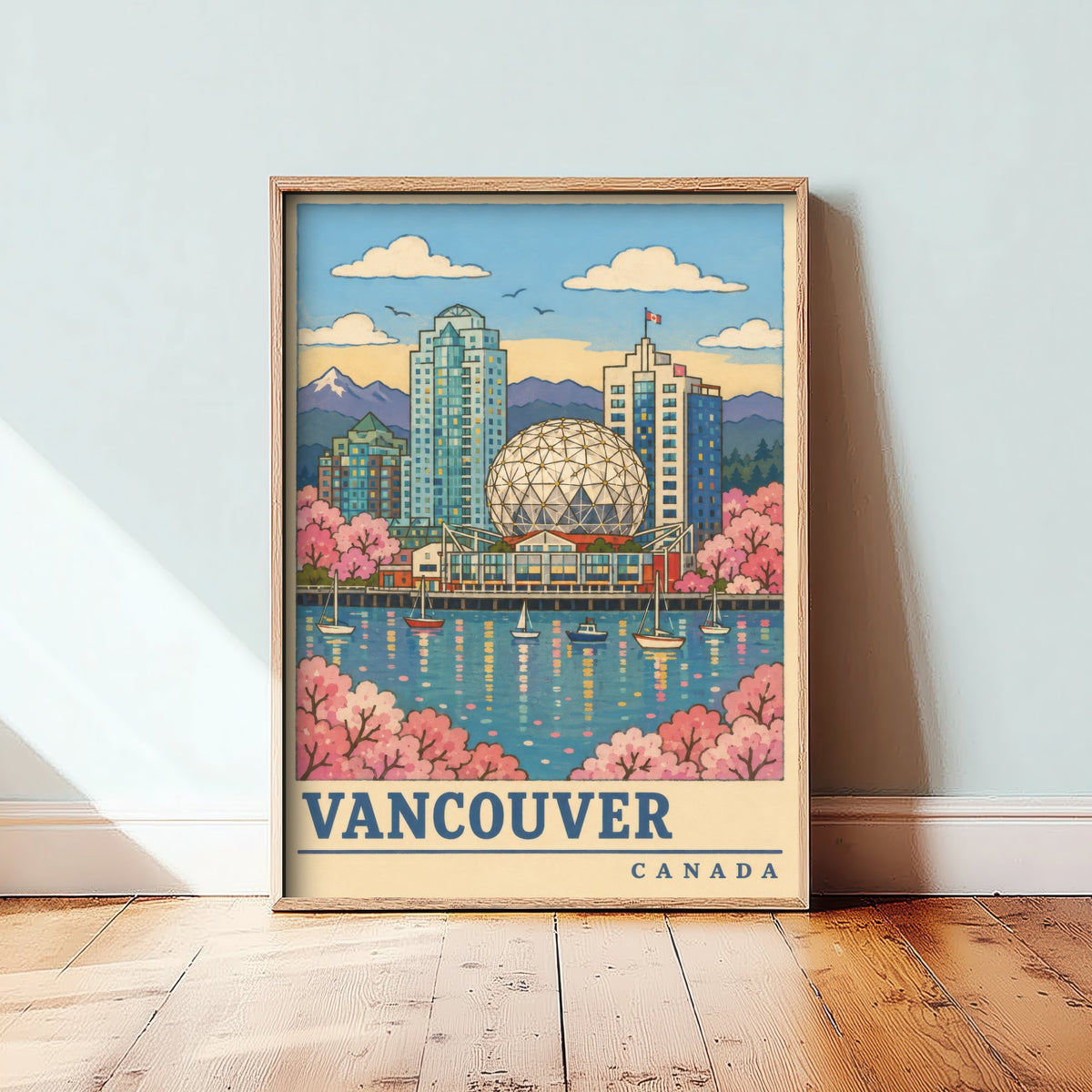 Vancouver Spring Travel Poster - Cherry Blossom Harbour Art Print - Retro Flat Colour Canada Illustration 3/3