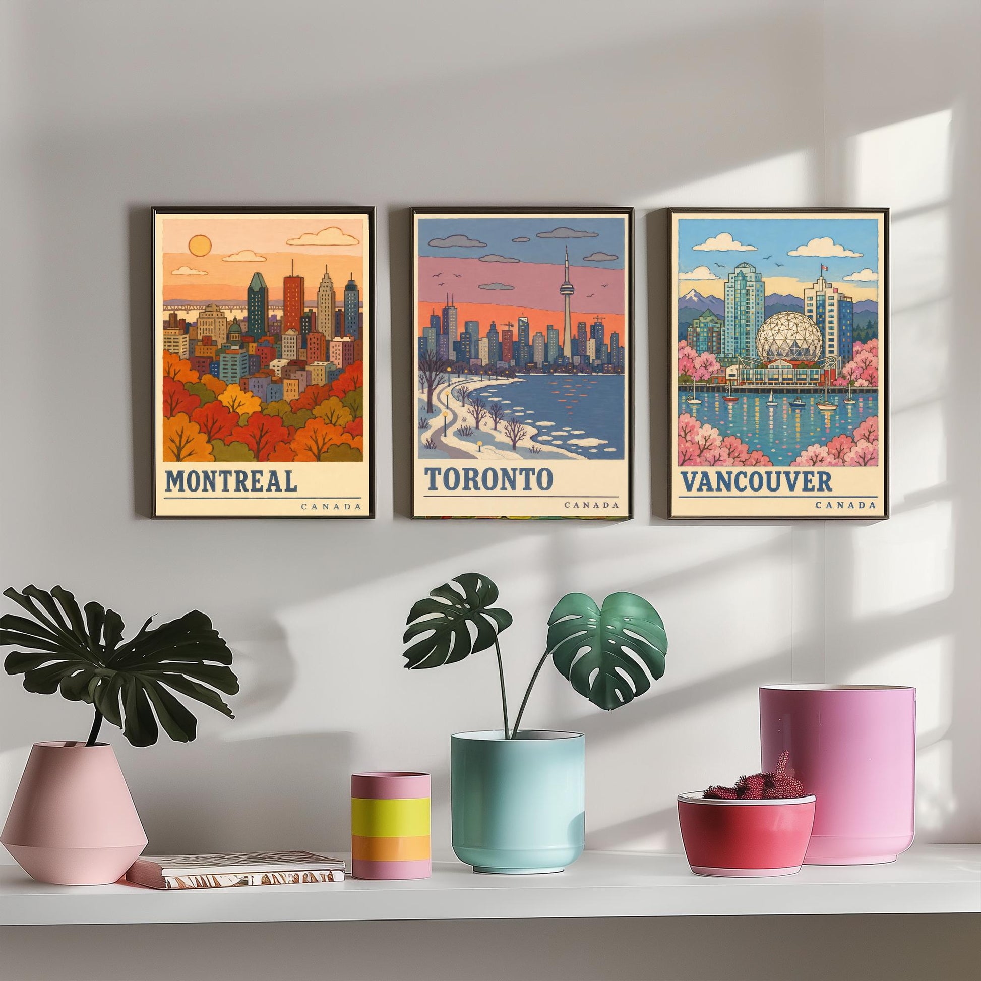 Canada Seasons Set of Three Art Prints - Montreal, Toronto, Vancouver - Autumn Winter Spring Travel Posters - Retro Illustration