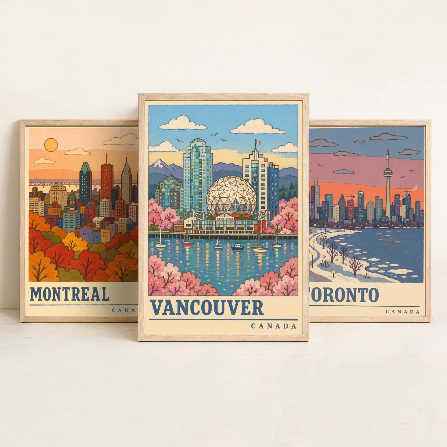 Canada Seasons Set of Three Art Prints - Montreal, Toronto, Vancouver - Autumn Winter Spring Travel Posters - Retro Illustration