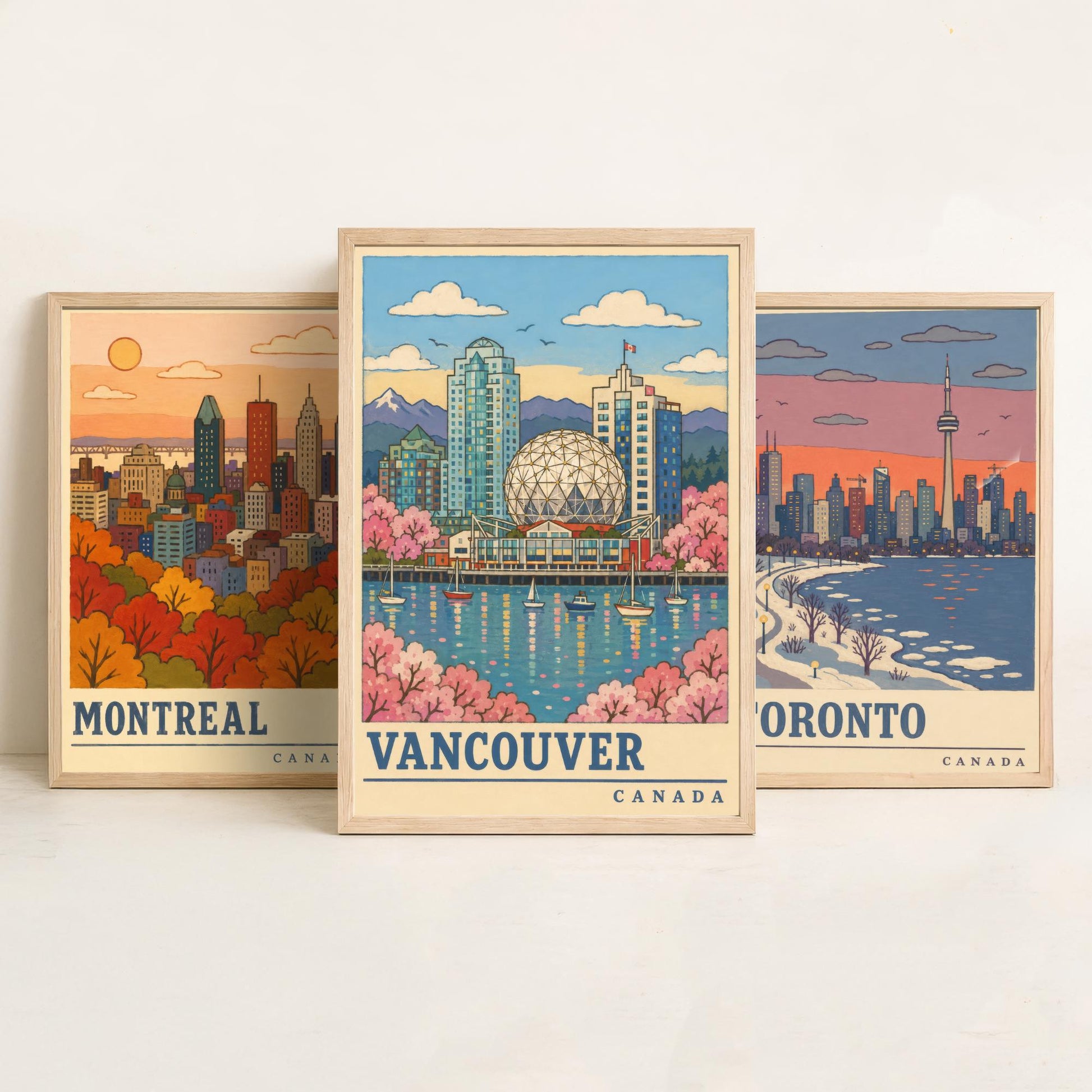 Canada Seasons Set of Three Art Prints - Montreal, Toronto, Vancouver - Autumn Winter Spring Travel Posters - Retro Illustration