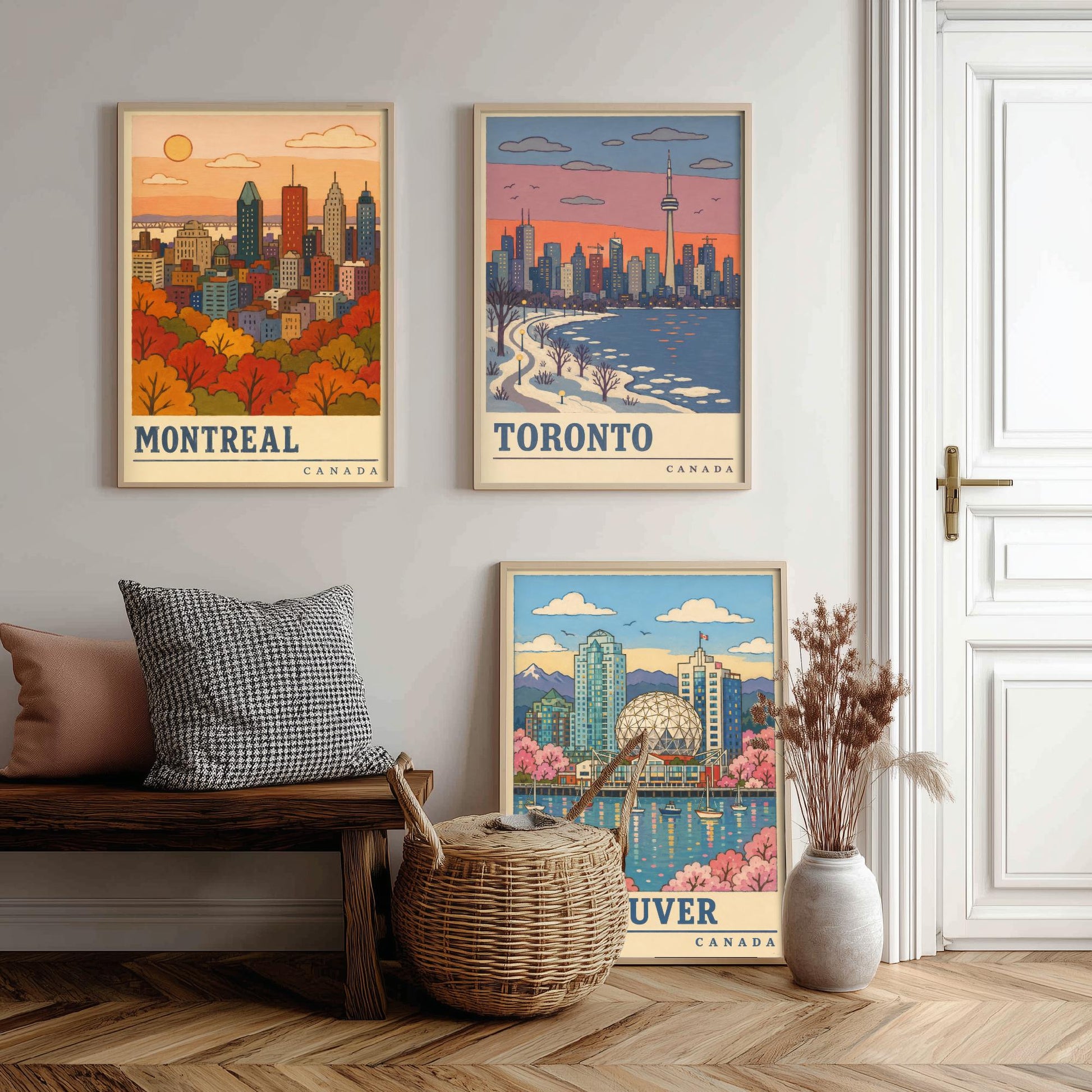 Canada Seasons Set of Three Art Prints - Montreal, Toronto, Vancouver - Autumn Winter Spring Travel Posters - Retro Illustration