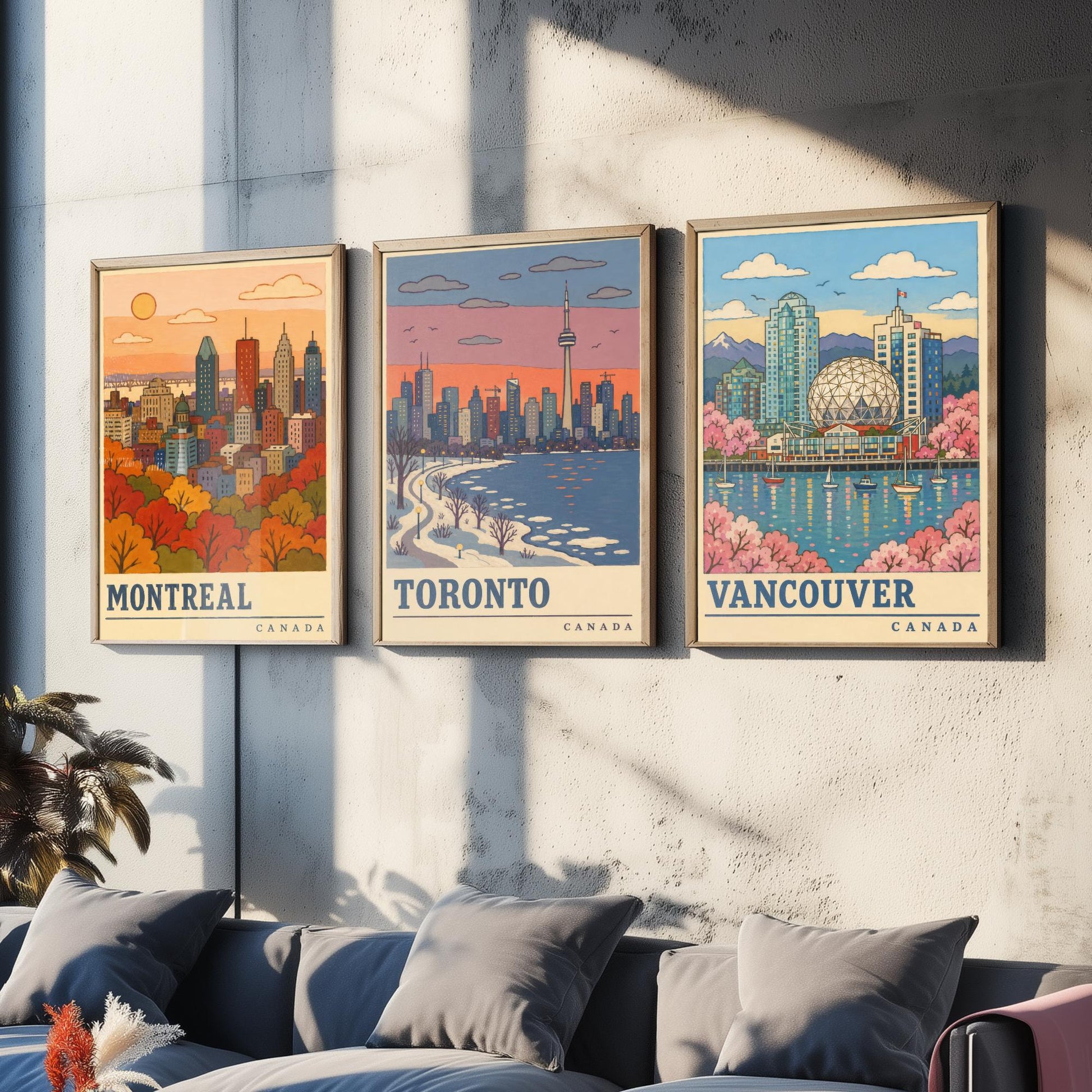 Canada Seasons Set of Three Art Prints - Montreal, Toronto, Vancouver - Autumn Winter Spring Travel Posters - Retro Illustration