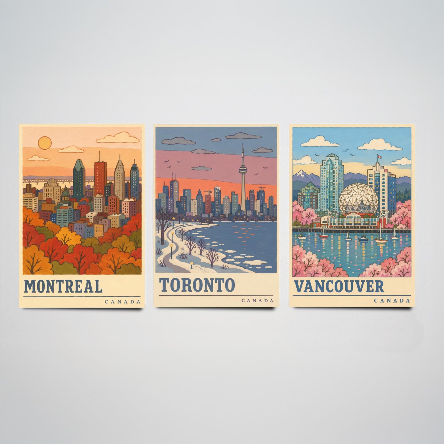 Canada Seasons Set of Three Art Prints - Montreal, Toronto, Vancouver - Autumn Winter Spring Travel Posters - Retro Illustration
