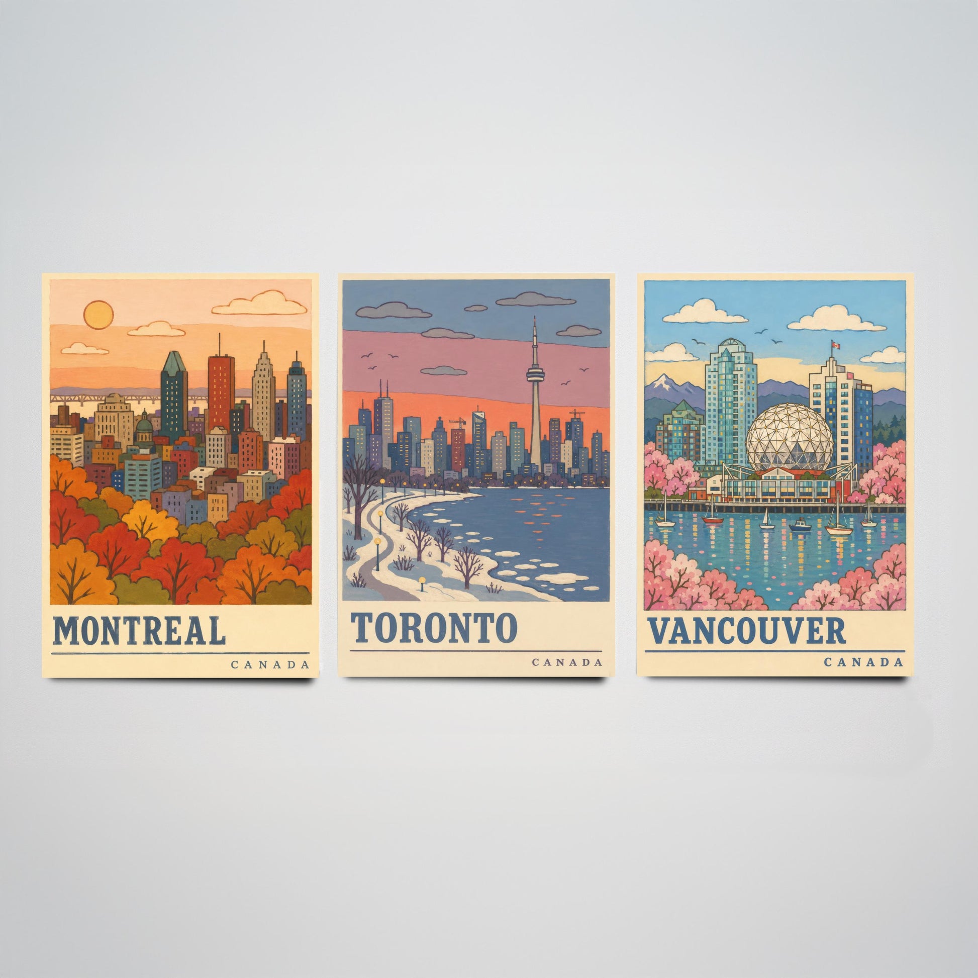 Canada Seasons Set of Three Art Prints - Montreal, Toronto, Vancouver - Autumn Winter Spring Travel Posters - Retro Illustration