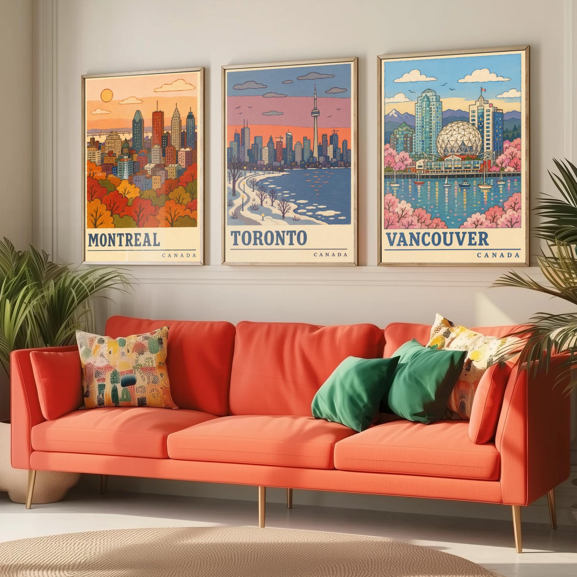 Canada Seasons Set of Three Art Prints - Montreal, Toronto, Vancouver - Autumn Winter Spring Travel Posters - Retro Illustration