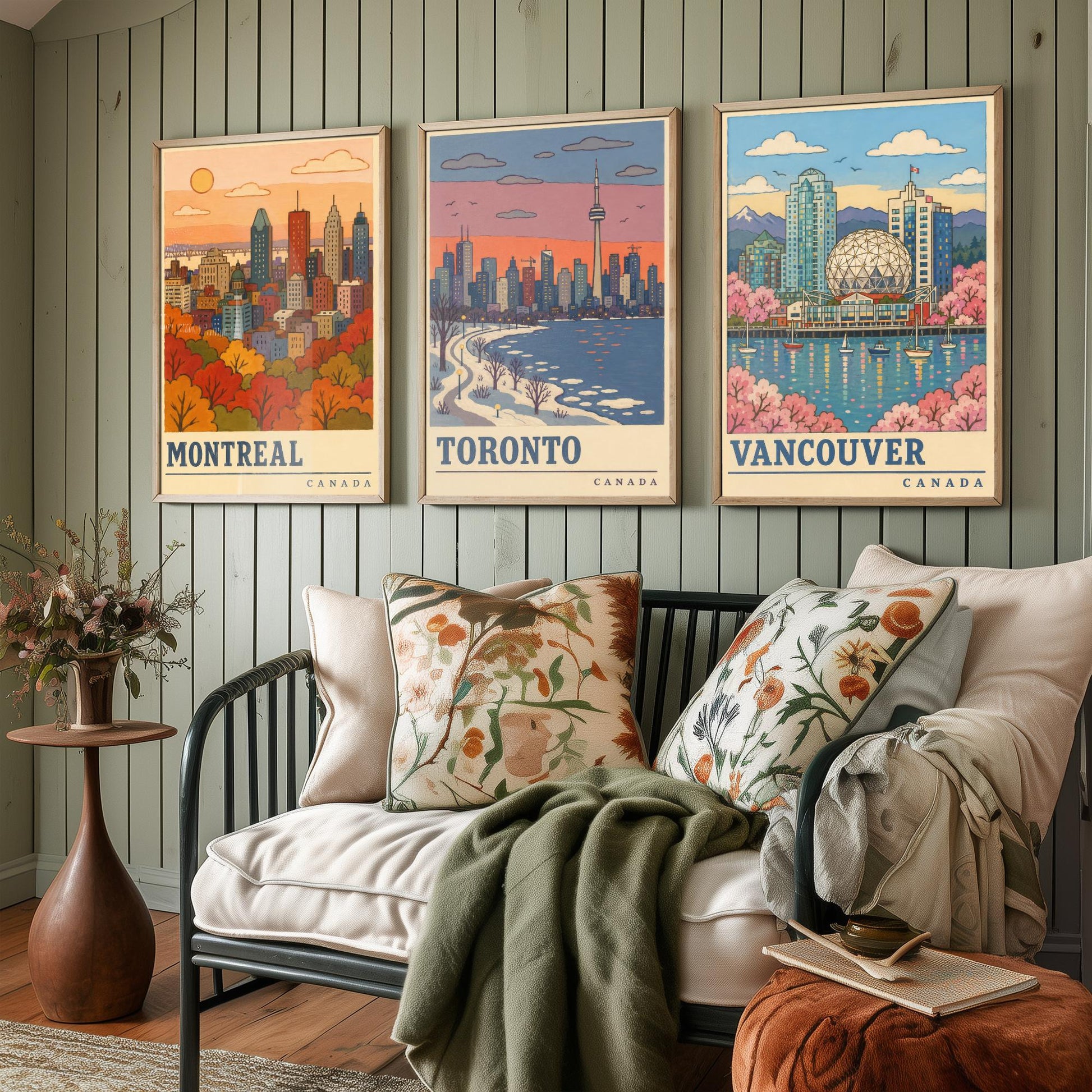 Canada Seasons Set of Three Art Prints - Montreal, Toronto, Vancouver - Autumn Winter Spring Travel Posters - Retro Illustration