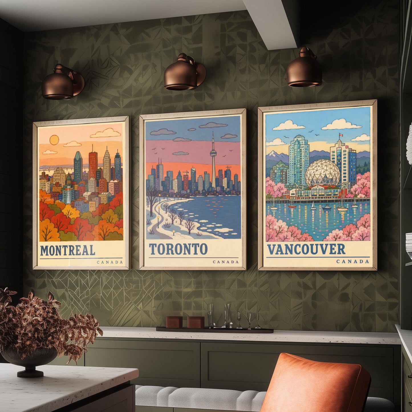 Canada Seasons Set of Three Art Prints - Montreal, Toronto, Vancouver - Autumn Winter Spring Travel Posters - Retro Illustration