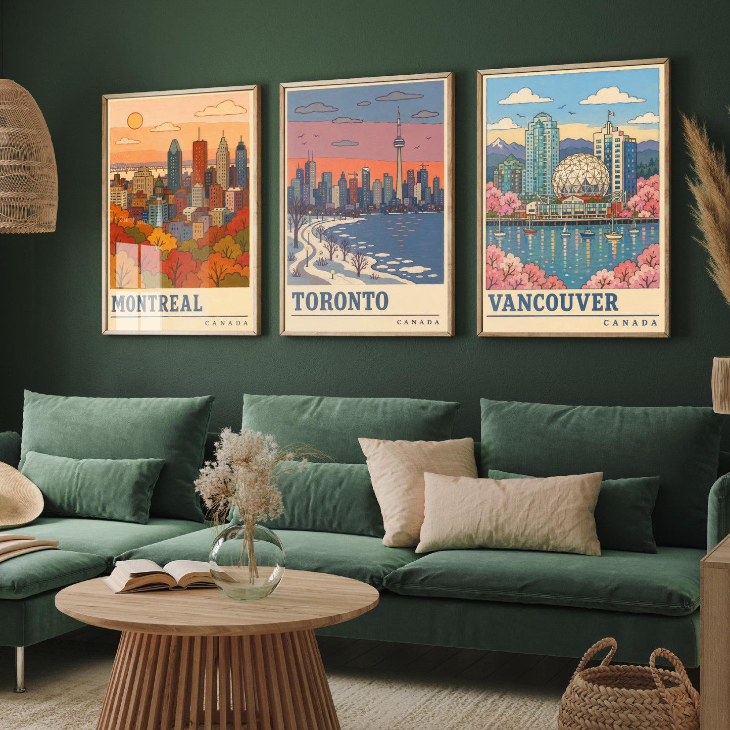 Canada Seasons Set of Three Art Prints - Montreal, Toronto, Vancouver - Autumn Winter Spring Travel Posters - Retro Illustration