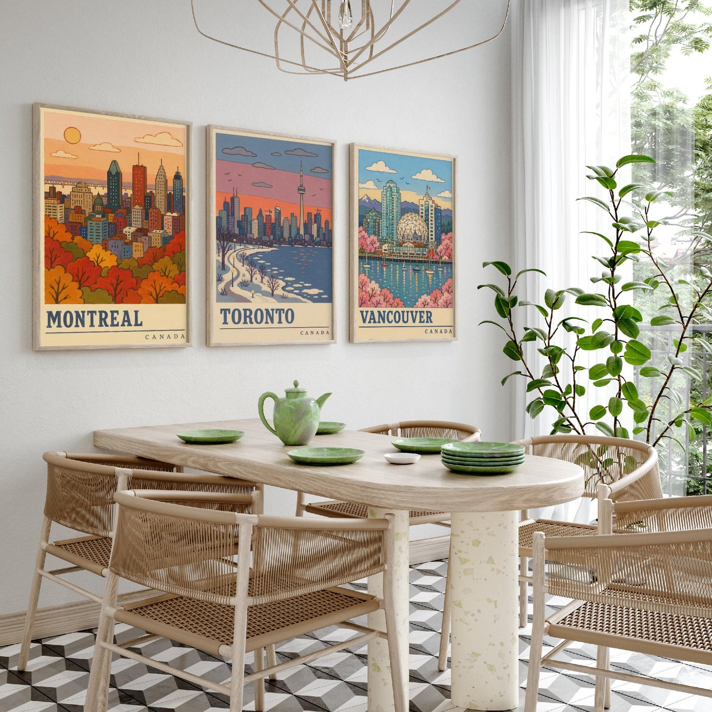 Canada Seasons Set of Three Art Prints - Montreal, Toronto, Vancouver - Autumn Winter Spring Travel Posters - Retro Illustration