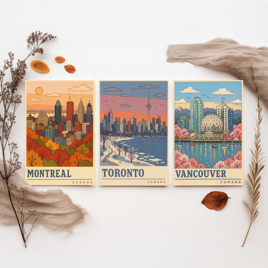 Canada Seasons Set of Three Art Prints - Montreal, Toronto, Vancouver - Autumn Winter Spring Travel Posters - Retro Illustration