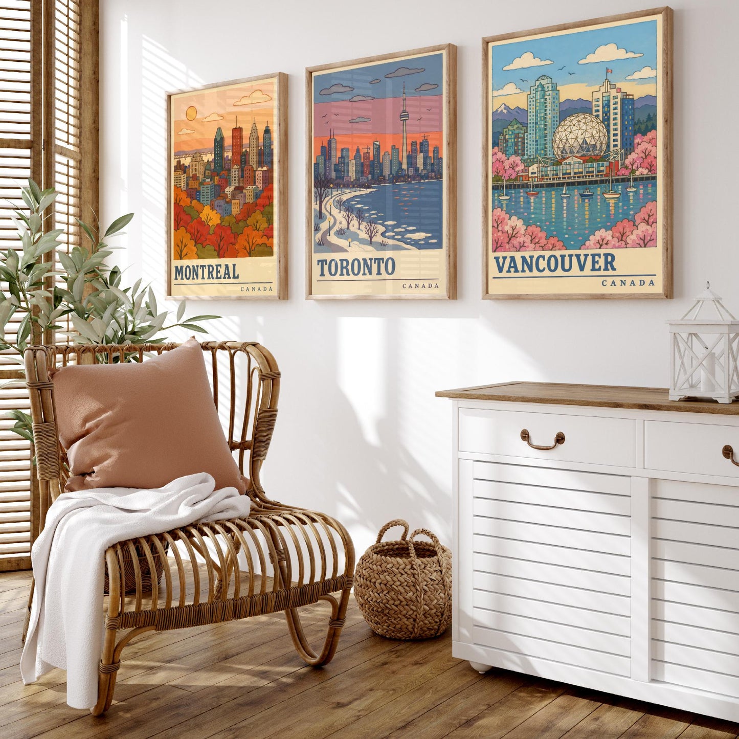 Canada Seasons Set of Three Art Prints - Montreal, Toronto, Vancouver - Autumn Winter Spring Travel Posters - Retro Illustration
