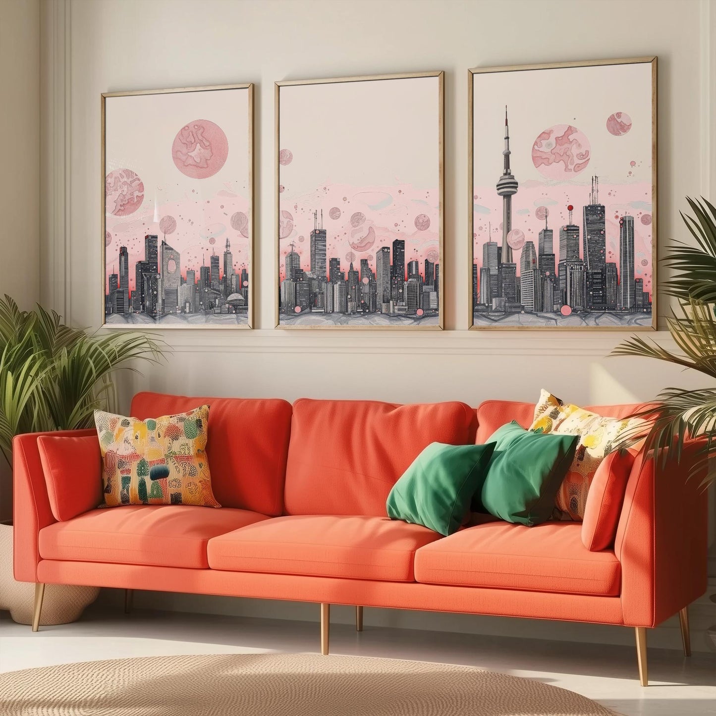 Toronto Skyline Set of Three Art Prints - CN Tower Panorama - Pink Grey Line Illustration City Poster Wall Decor Canada Gift