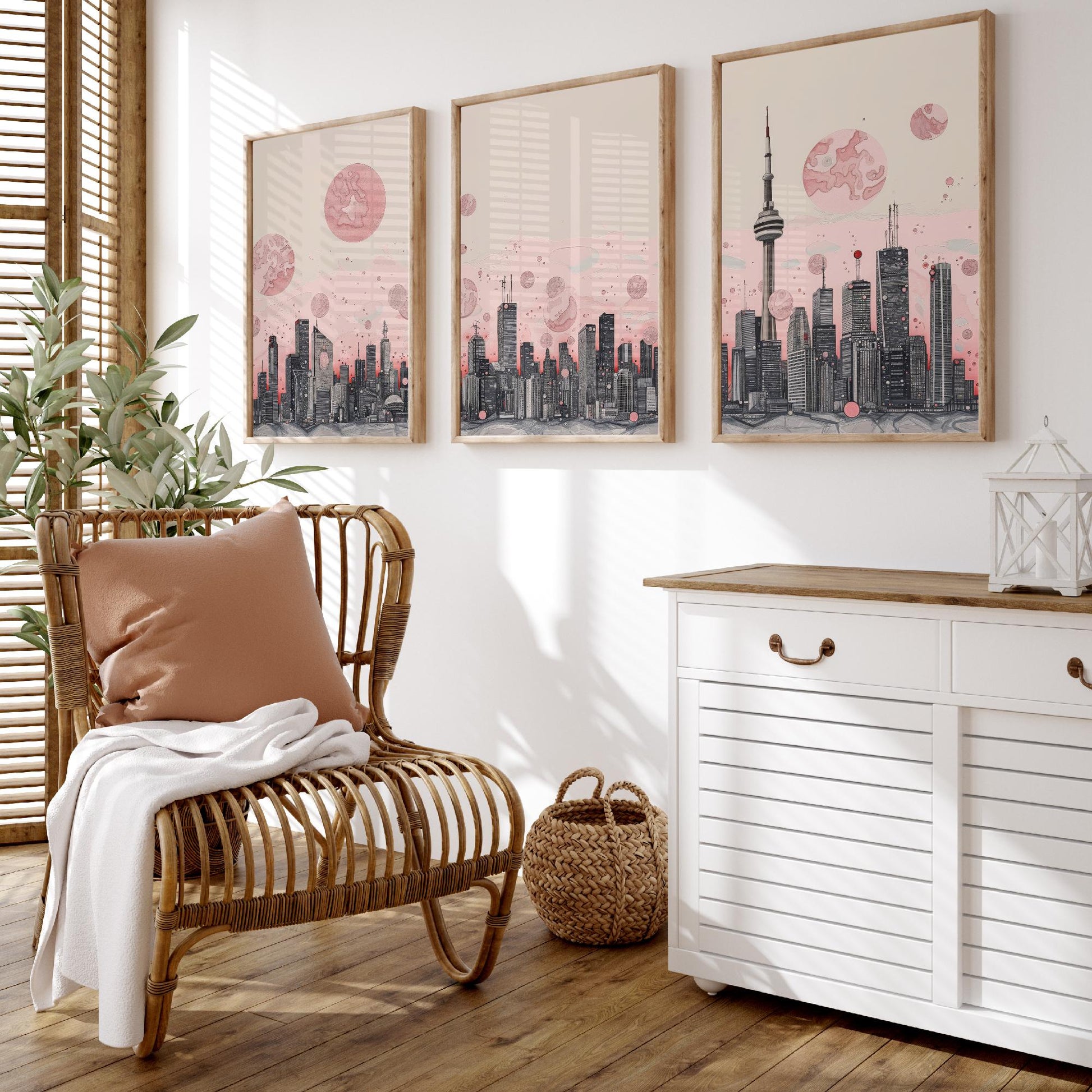 Toronto Skyline Set of Three Art Prints - CN Tower Panorama - Pink Grey Line Illustration City Poster Wall Decor Canada Gift