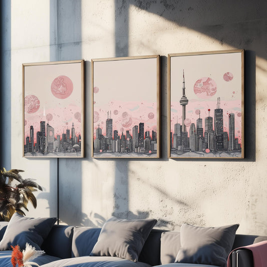 Toronto Skyline Set of Three Art Prints - CN Tower Panorama - Pink Grey Line Illustration City Poster Wall Decor Canada Gift