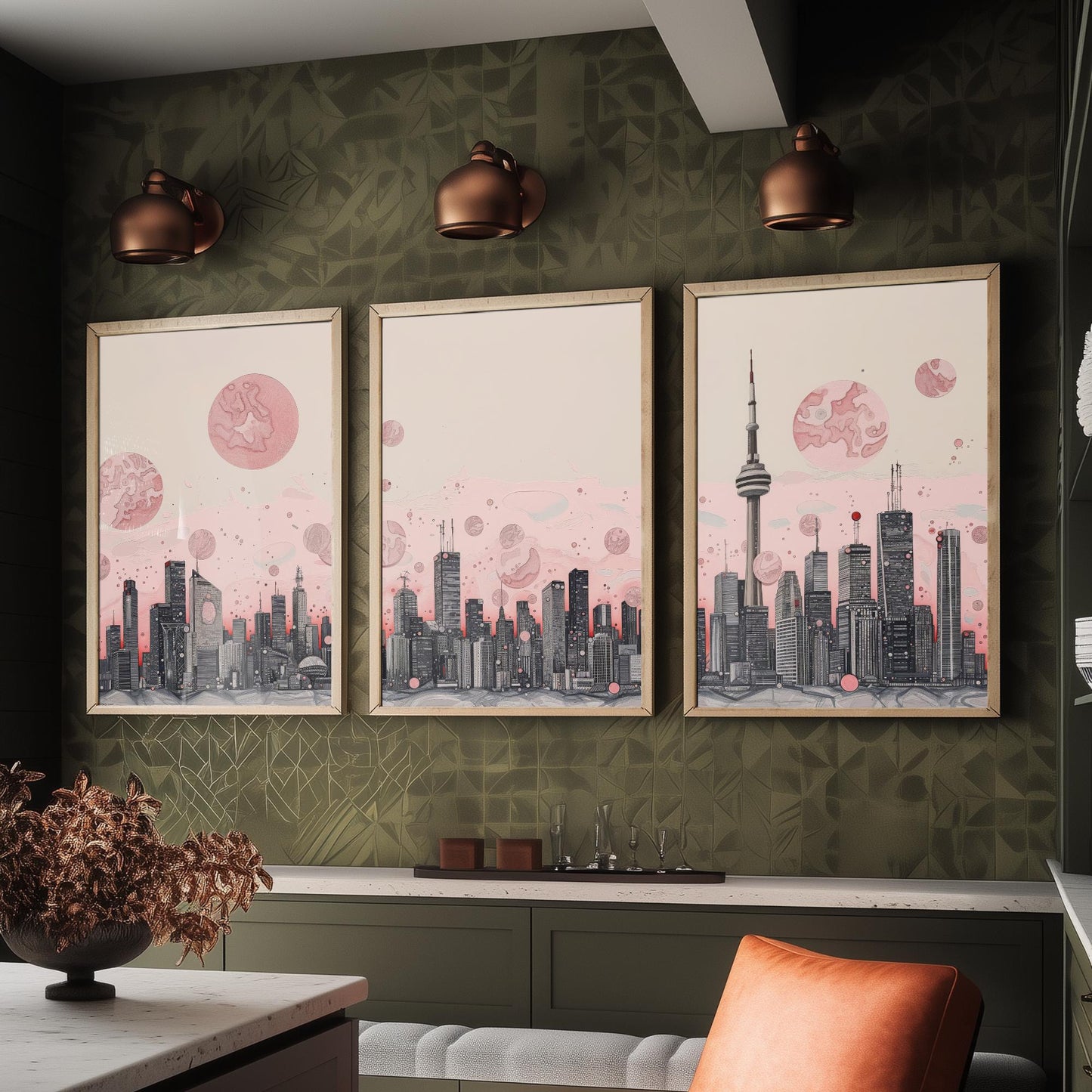 Toronto Skyline Set of Three Art Prints - CN Tower Panorama - Pink Grey Line Illustration City Poster Wall Decor Canada Gift