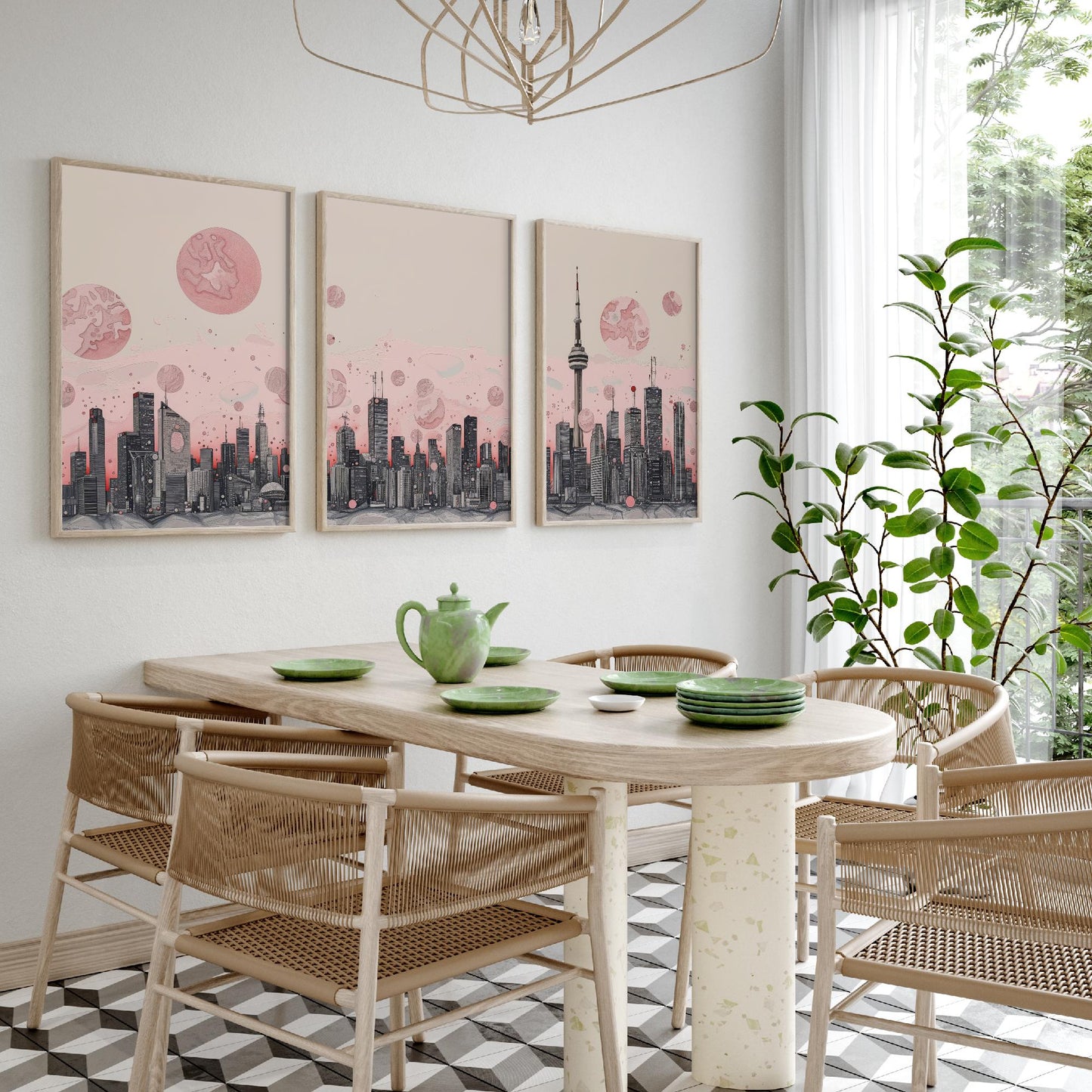 Toronto Skyline Set of Three Art Prints - CN Tower Panorama - Pink Grey Line Illustration City Poster Wall Decor Canada Gift