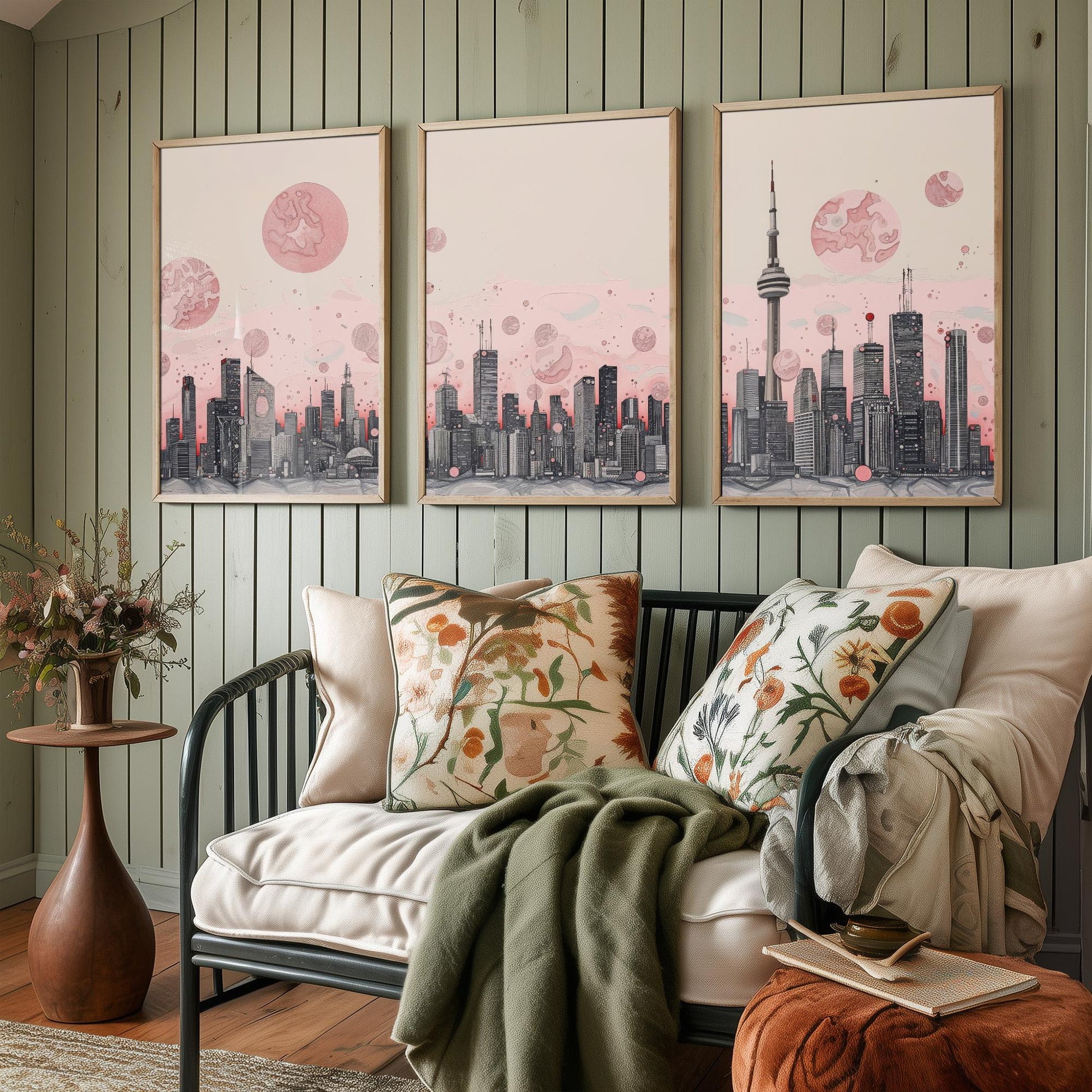 Toronto Skyline Set of Three Art Prints - CN Tower Panorama - Pink Grey Line Illustration City Poster Wall Decor Canada Gift