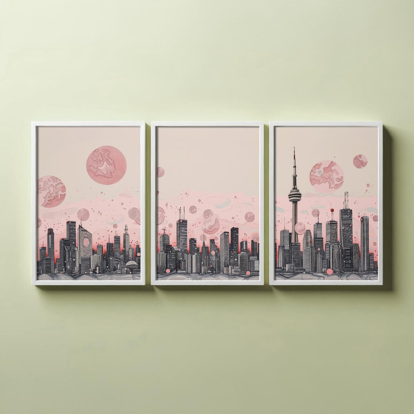 Toronto Skyline Set of Three Art Prints - CN Tower Panorama - Pink Grey Line Illustration City Poster Wall Decor Canada Gift