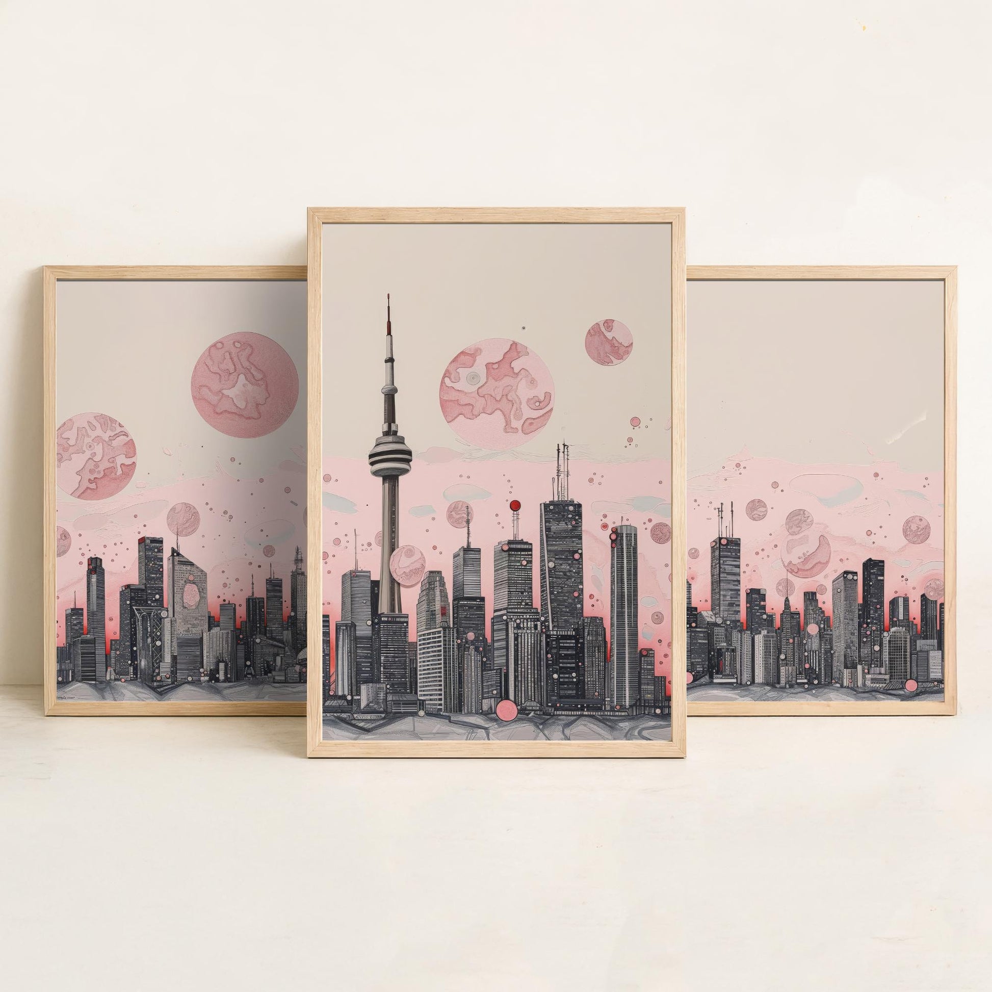 Toronto Skyline Set of Three Art Prints - CN Tower Panorama - Pink Grey Line Illustration City Poster Wall Decor Canada Gift