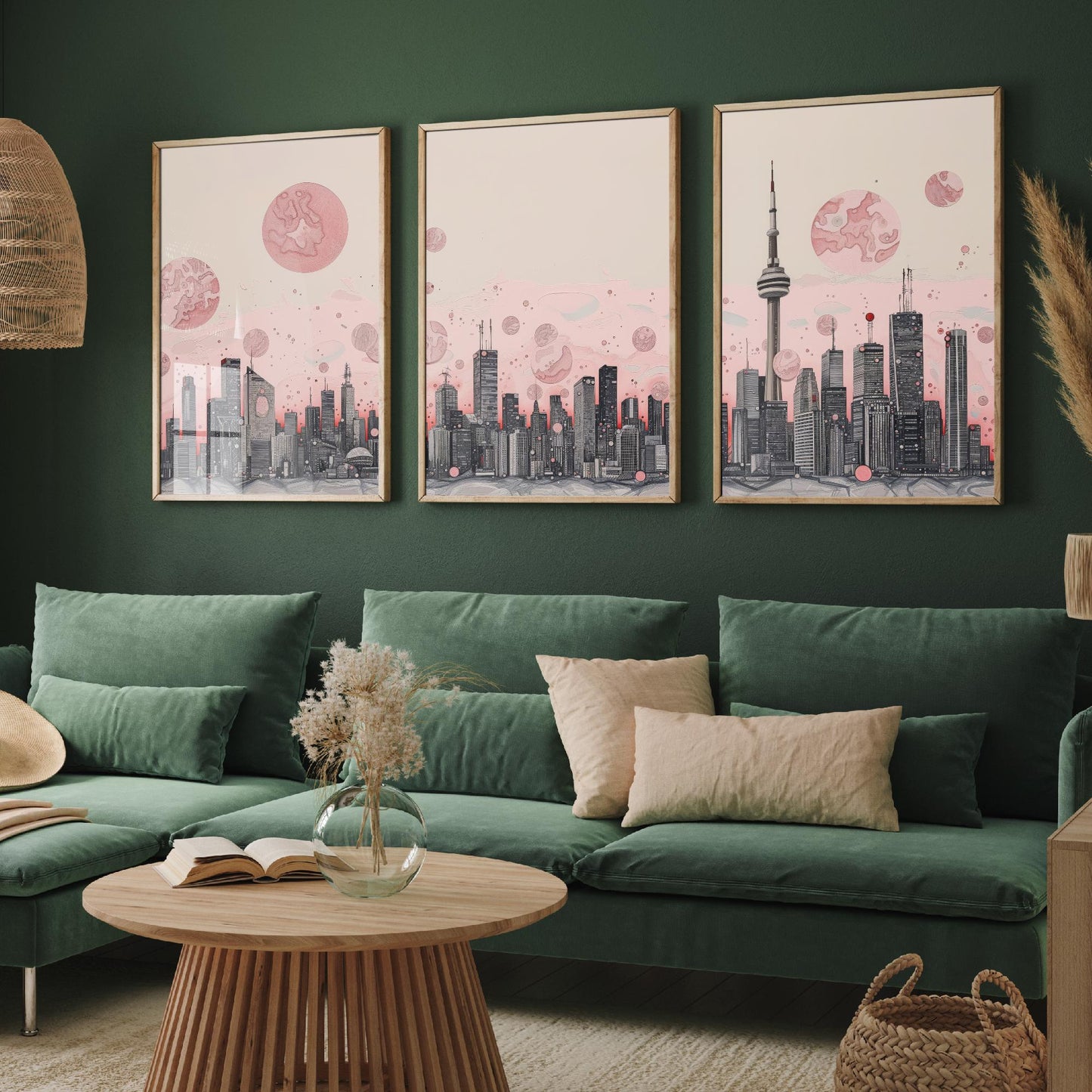 Toronto Skyline Set of Three Art Prints - CN Tower Panorama - Pink Grey Line Illustration City Poster Wall Decor Canada Gift