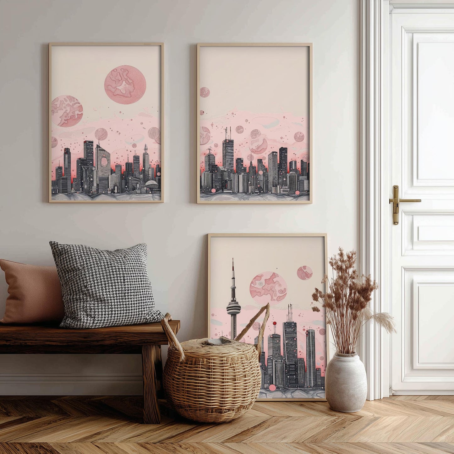 Toronto Skyline Set of Three Art Prints - CN Tower Panorama - Pink Grey Line Illustration City Poster Wall Decor Canada Gift