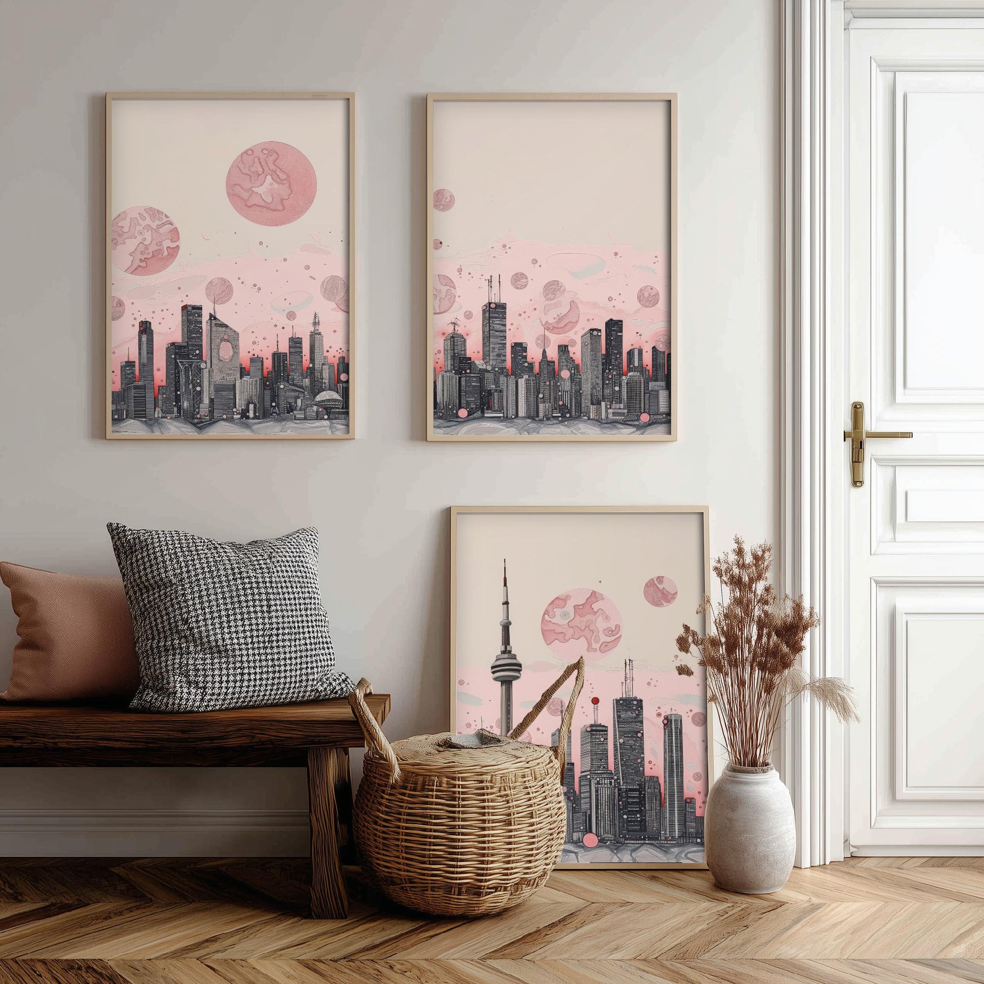 Toronto Skyline Set of Three Art Prints - CN Tower Panorama - Pink Grey Line Illustration City Poster Wall Decor Canada Gift