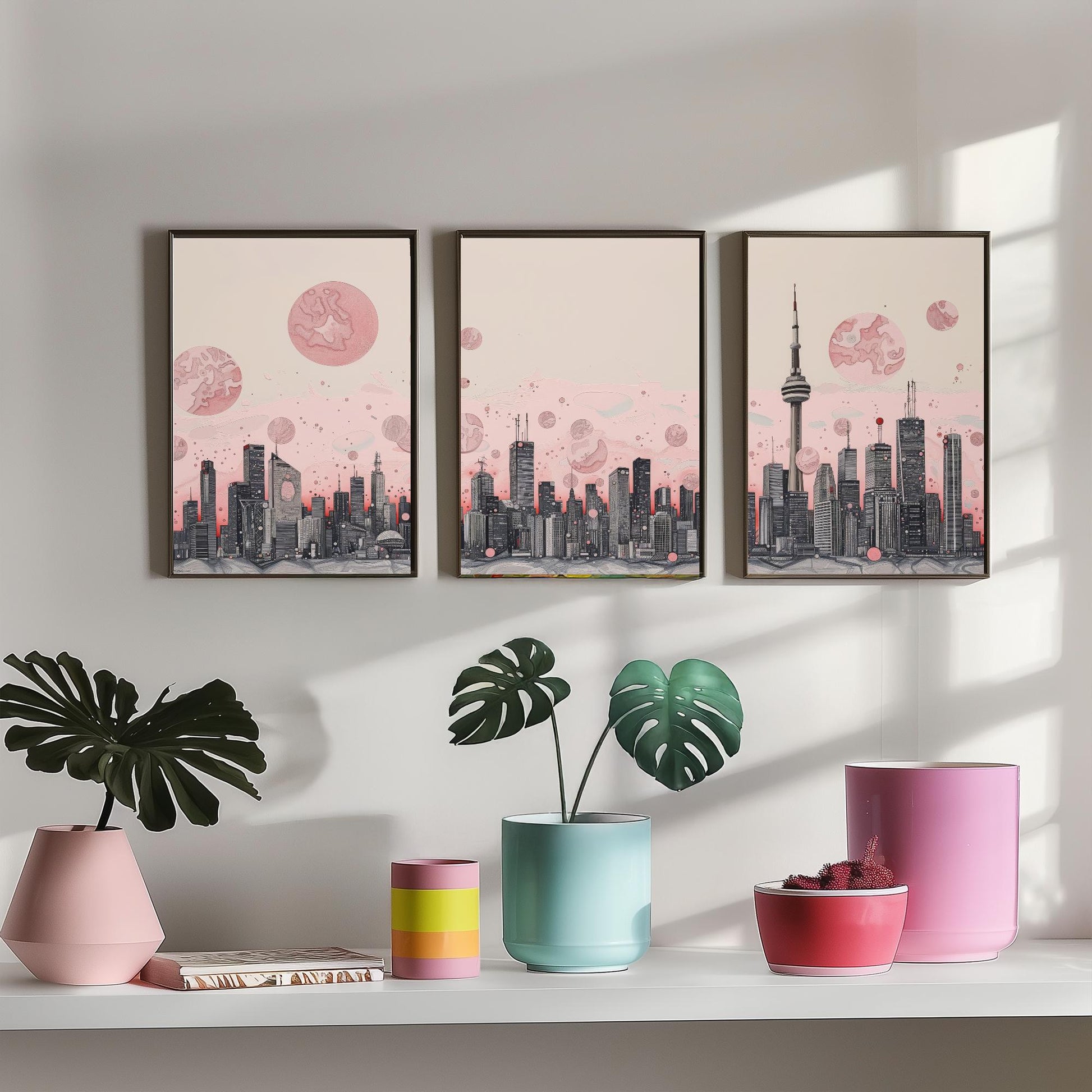 Toronto Skyline Set of Three Art Prints - CN Tower Panorama - Pink Grey Line Illustration City Poster Wall Decor Canada Gift