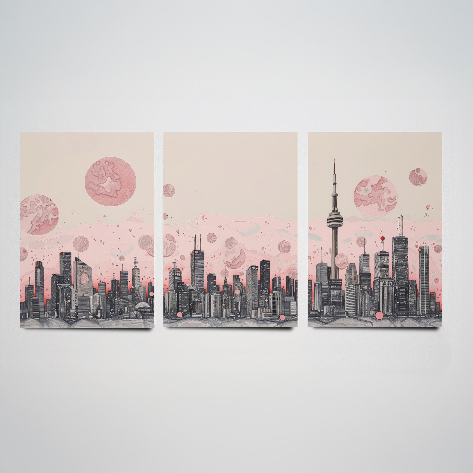 Toronto Skyline Set of Three Art Prints - CN Tower Panorama - Pink Grey Line Illustration City Poster Wall Decor Canada Gift