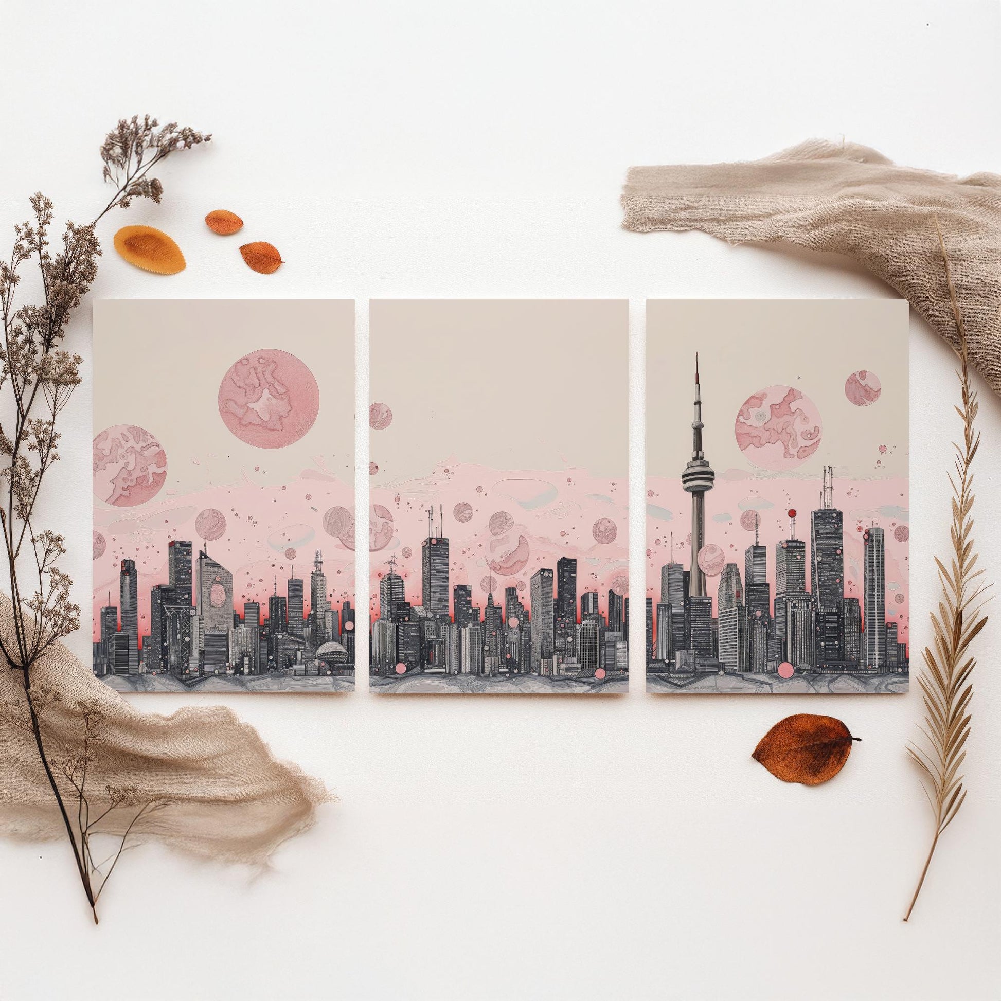 Toronto Skyline Set of Three Art Prints - CN Tower Panorama - Pink Grey Line Illustration City Poster Wall Decor Canada Gift
