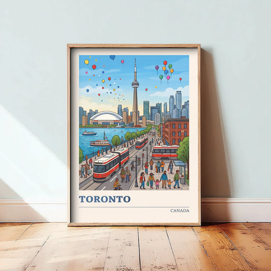 Toronto Travel Poster - Balloons over CN Tower Art Print - Red Streetcar Skyline Illustration - Canada City Scene V3 1/3
