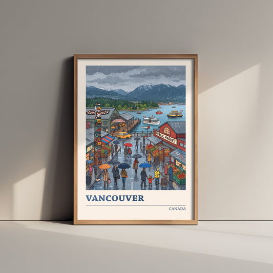Vancouver Travel Poster - Rainy Public Market Art Print - Umbrellas Totem Pole Mountains Illustration - Canada Harbour V3 2/3