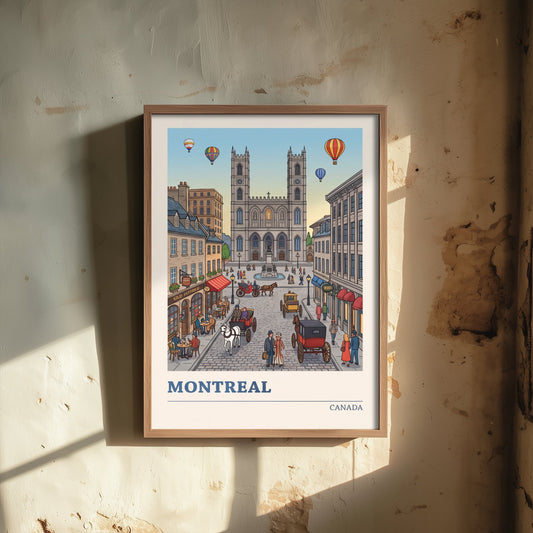 Montreal Travel Poster - Notre-Dame Basilica Art Print - Horse Carriage Hot Air Balloon Illustration - Old Montreal Canada V3 3/3