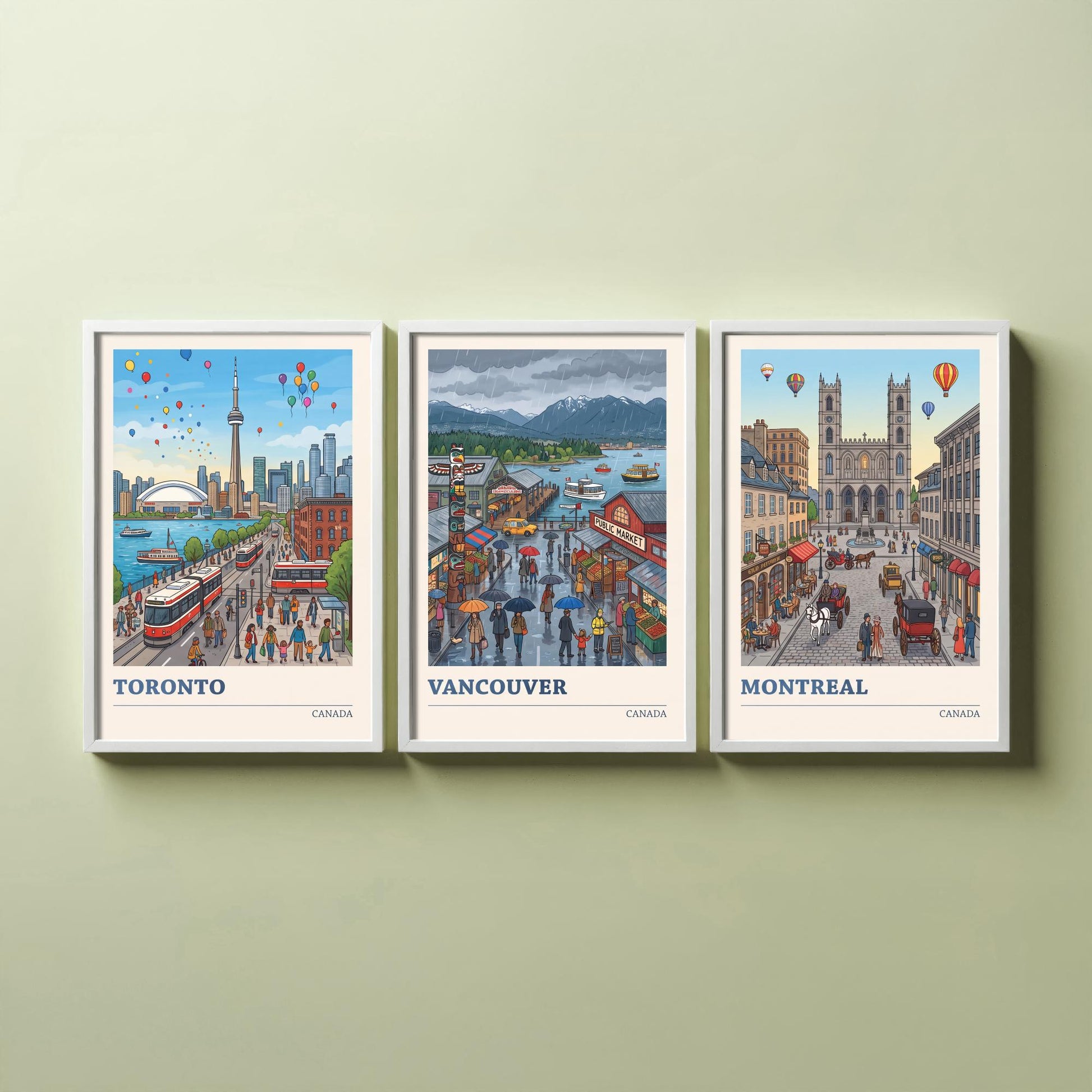 Canada Set of Three Art Prints - Toronto, Vancouver, Montreal - Colourful City Travel Posters - Storybook Illustration V3
