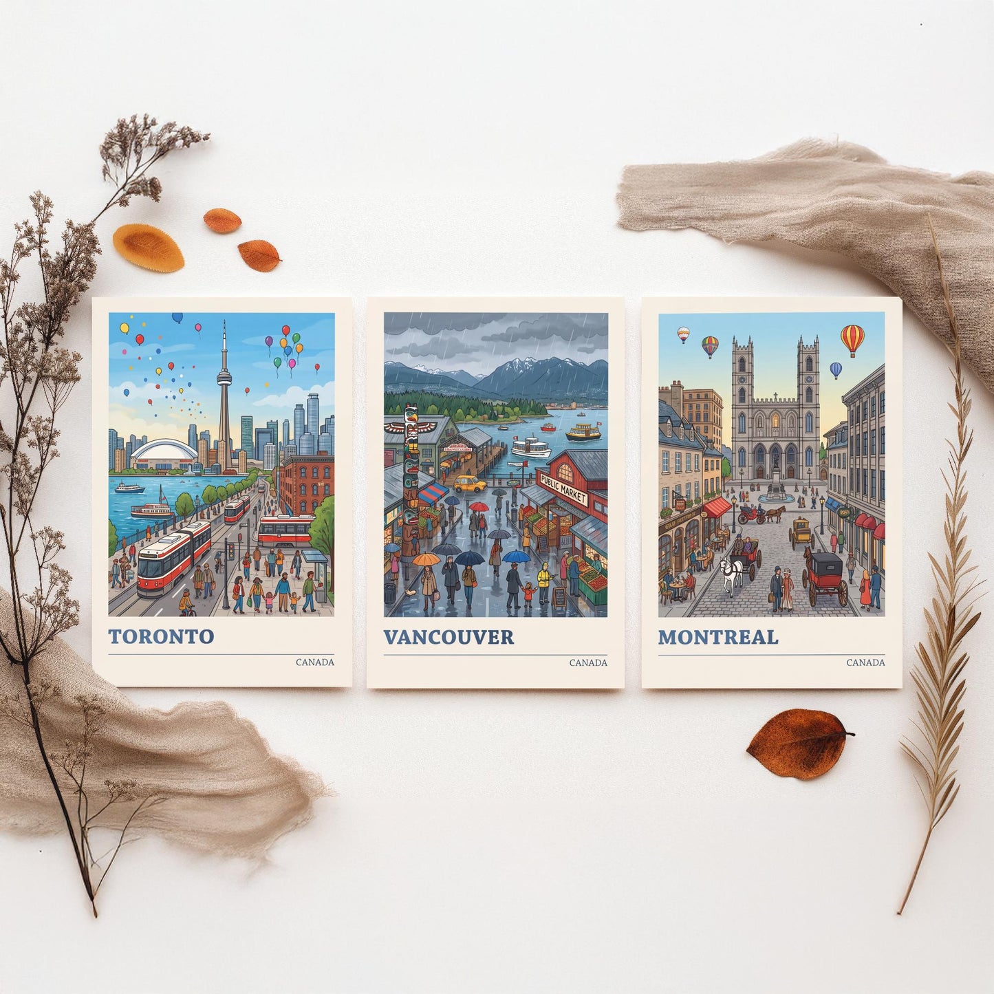 Canada Set of Three Art Prints - Toronto, Vancouver, Montreal - Colourful City Travel Posters - Storybook Illustration V3