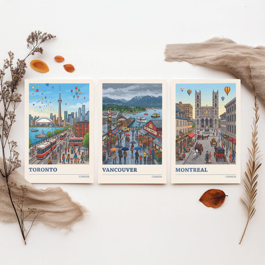 Canada Set of Three Art Prints - Toronto, Vancouver, Montreal - Colourful City Travel Posters - Storybook Illustration V3