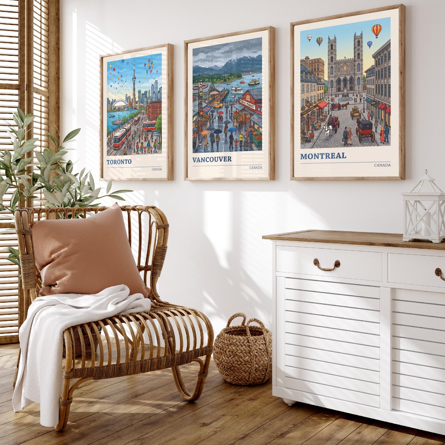 Canada Set of Three Art Prints - Toronto, Vancouver, Montreal - Colourful City Travel Posters - Storybook Illustration V3
