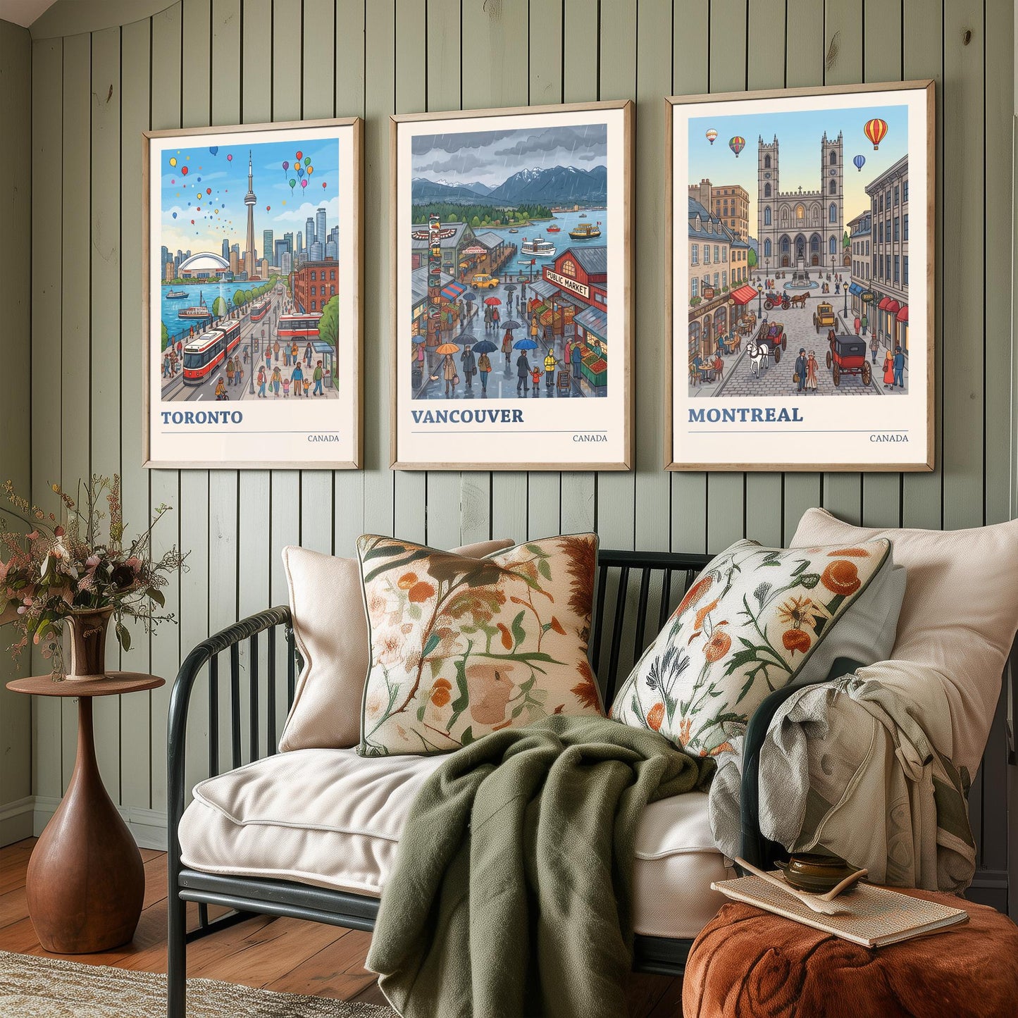 Canada Set of Three Art Prints - Toronto, Vancouver, Montreal - Colourful City Travel Posters - Storybook Illustration V3