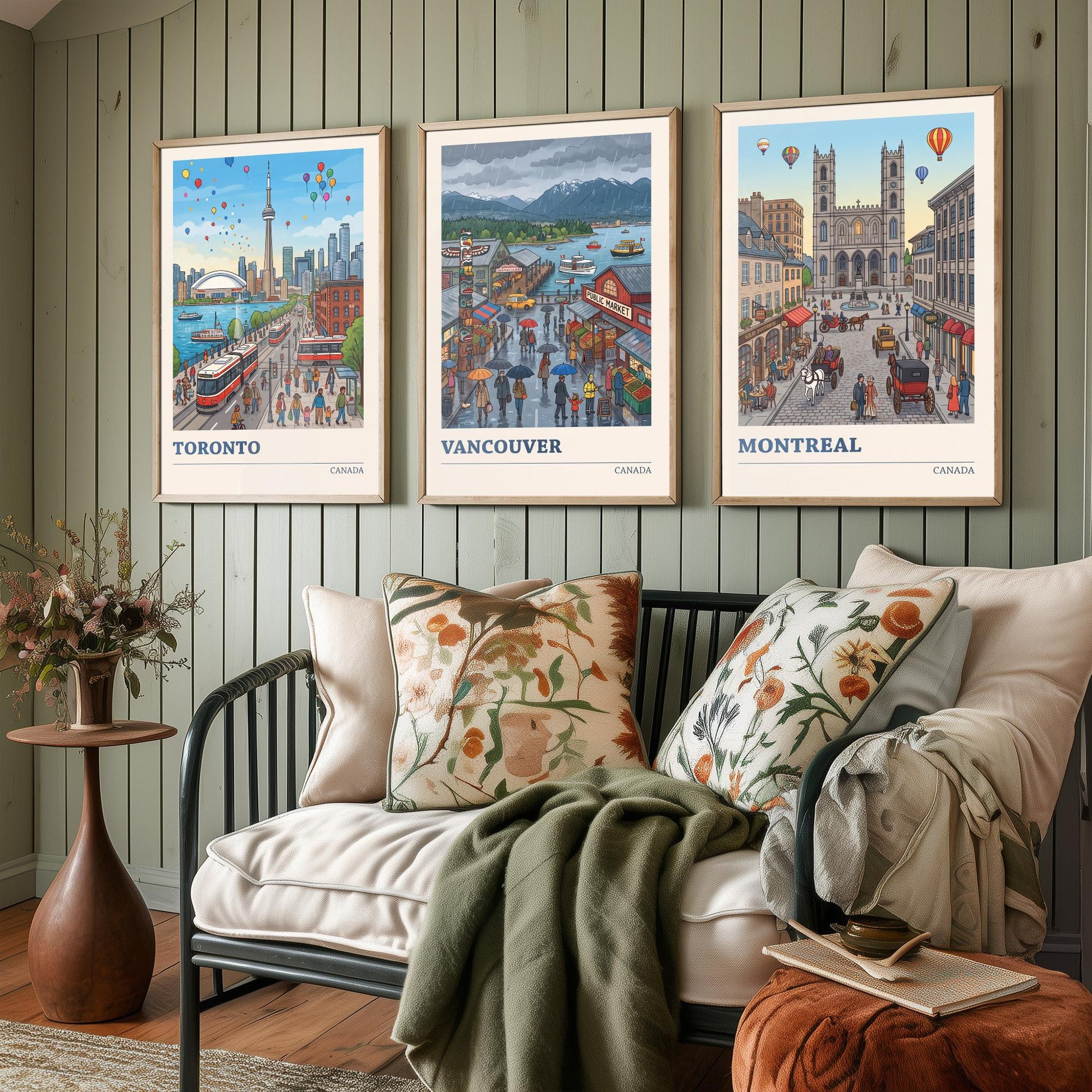 Canada Set of Three Art Prints - Toronto, Vancouver, Montreal - Colourful City Travel Posters - Storybook Illustration V3